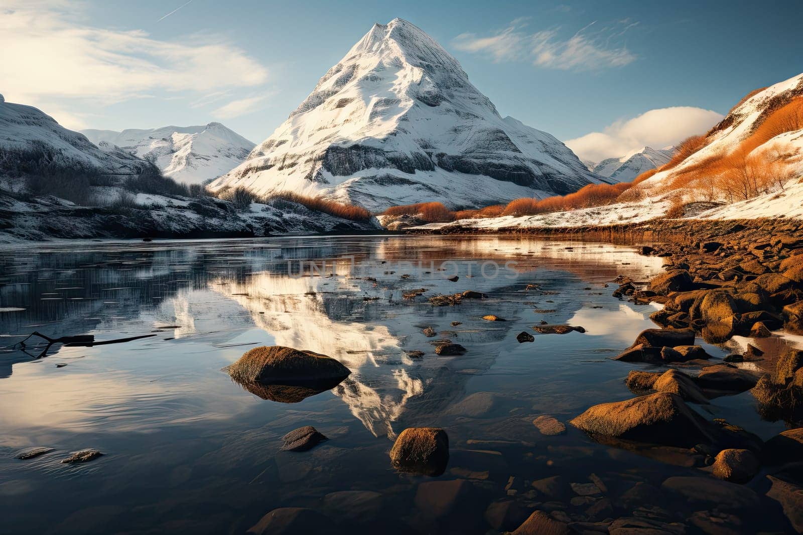 A snow covered mountain sitting next to a body of water by golibtolibov