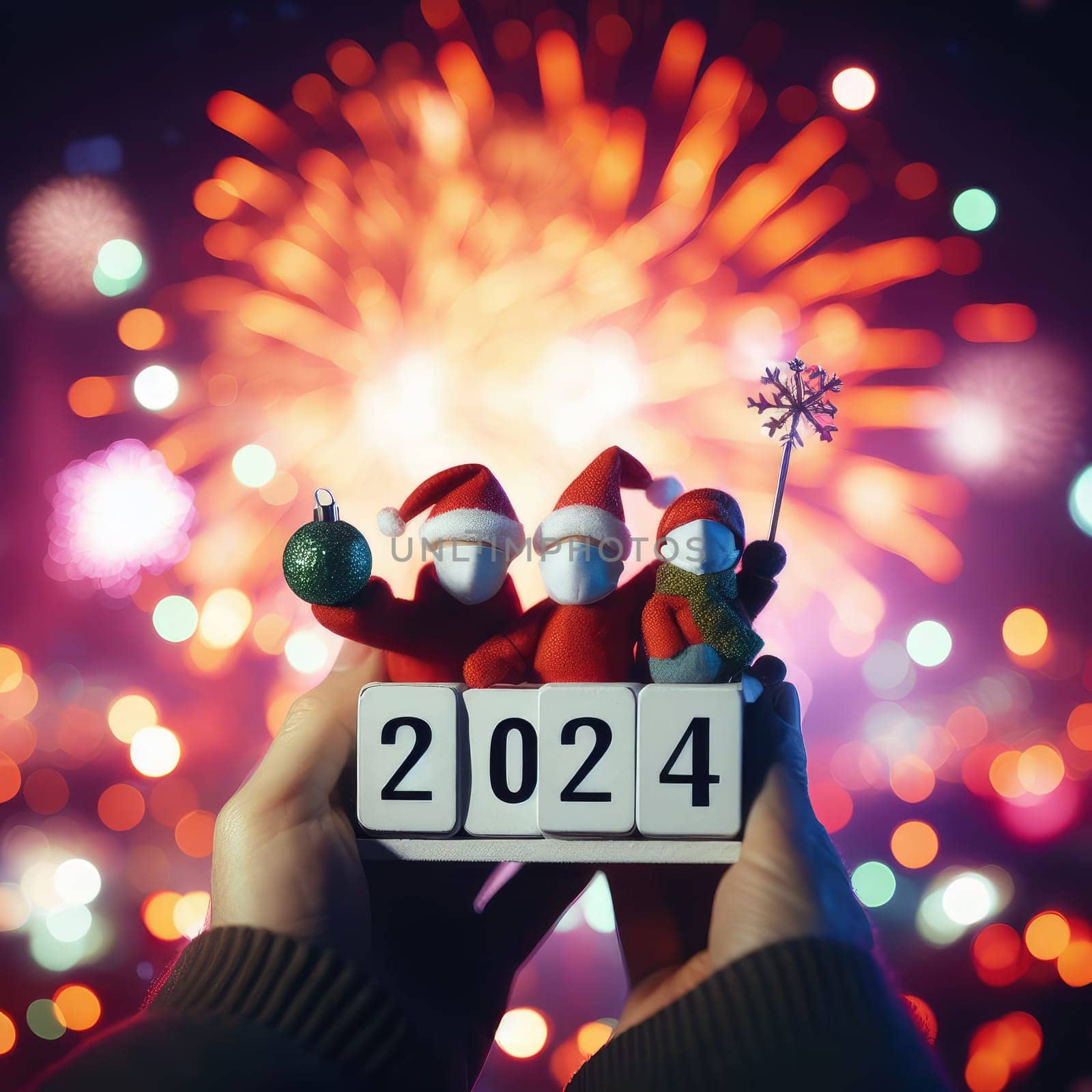 Greeting card Happy New Year 2024. Beautiful holiday web banner or billboard with Golden sparkling text Happy New Year 2024 written sparklers on festive blue background with fireworks