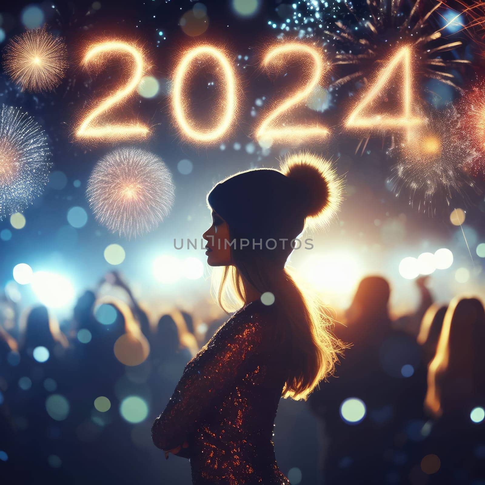 Greeting card Happy New Year 2024. Beautiful holiday web banner or billboard with Golden sparkling text Happy New Year 2024 written sparklers on festive blue background with fireworks