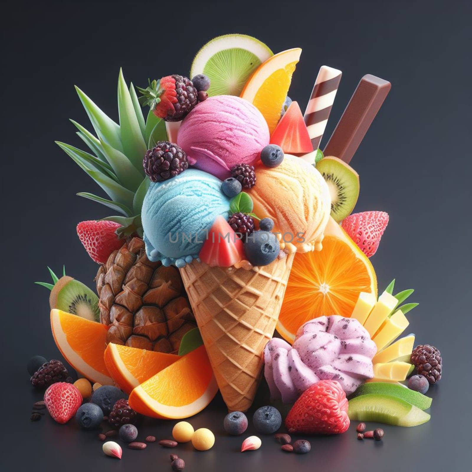 a cone full of fresh icecream gelato and big pieces of tropical fruits isolated gradient background by verbano