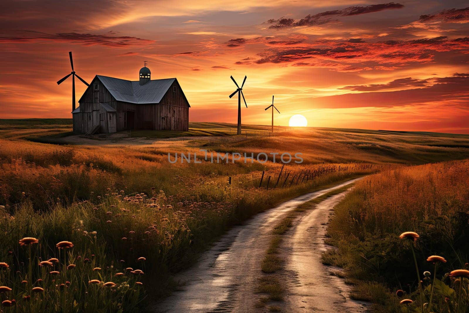 A Serene Landscape: Captivating Farm with Majestic Windmills in the Distance
