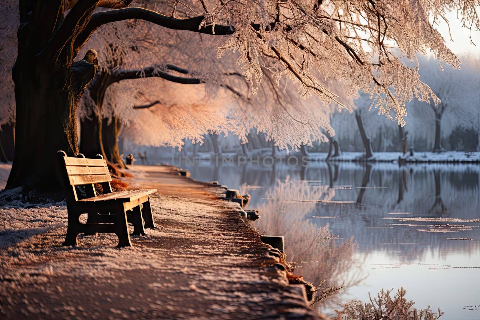 A Serene Bench Overlooking a Tranquil Lake, Embraced by the Shade of a Majestic Tree