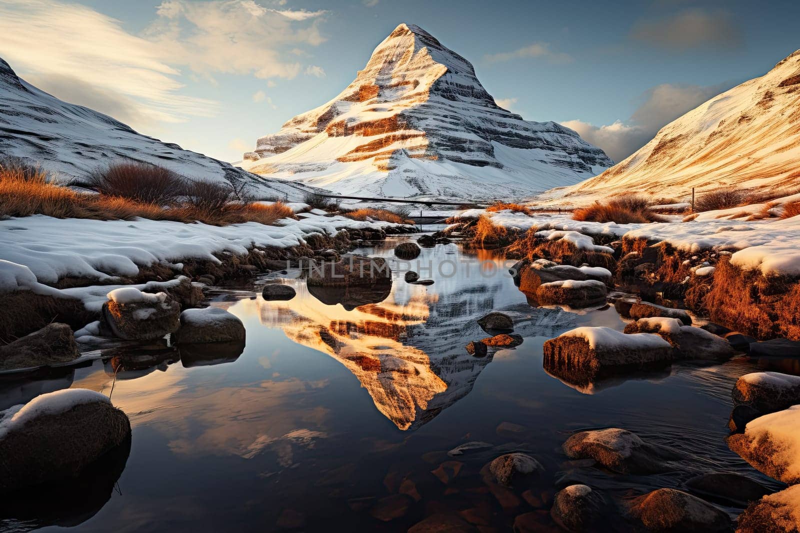 A Majestic Snow-Covered Mountain with a Serene Stream Cutting Through the Landscape