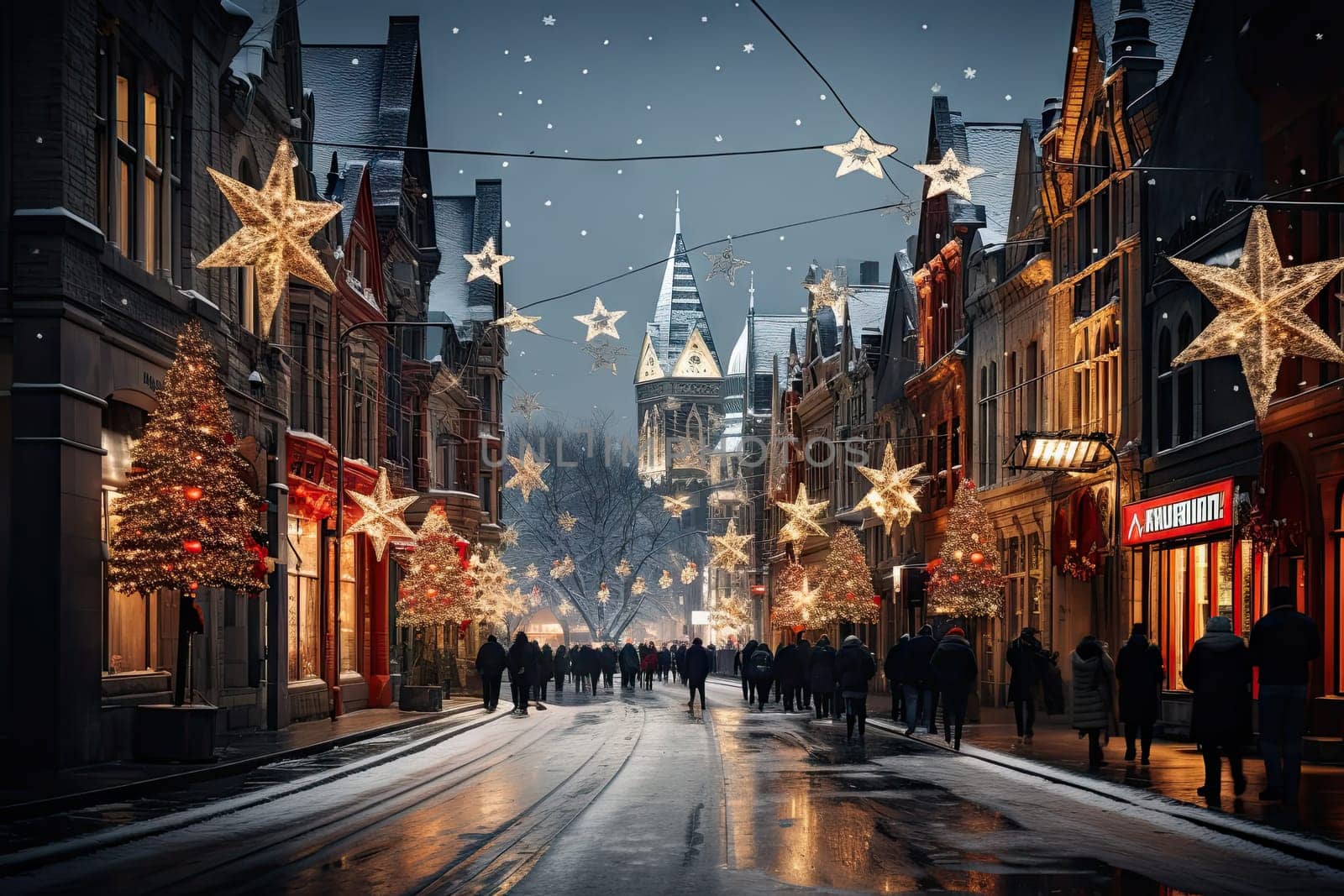 A city street with christmas lights and people walking down it created with generative AI technology by golibtolibov