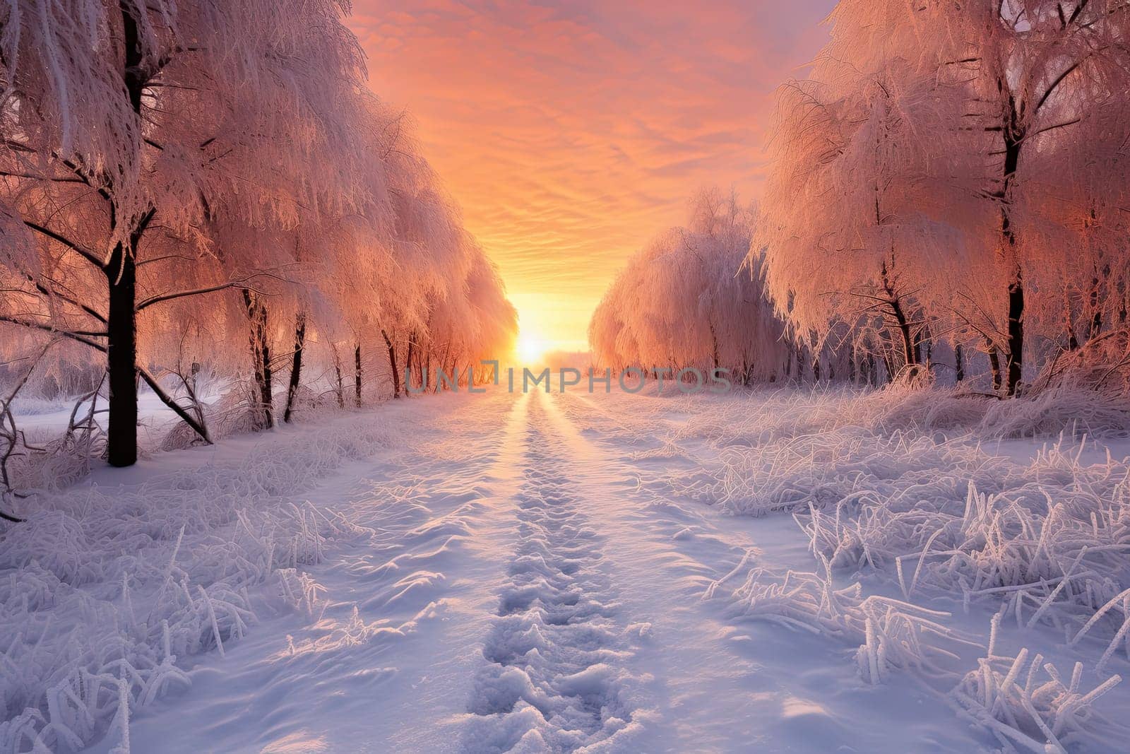 A painting of a snowy path leading to a setting sun by golibtolibov