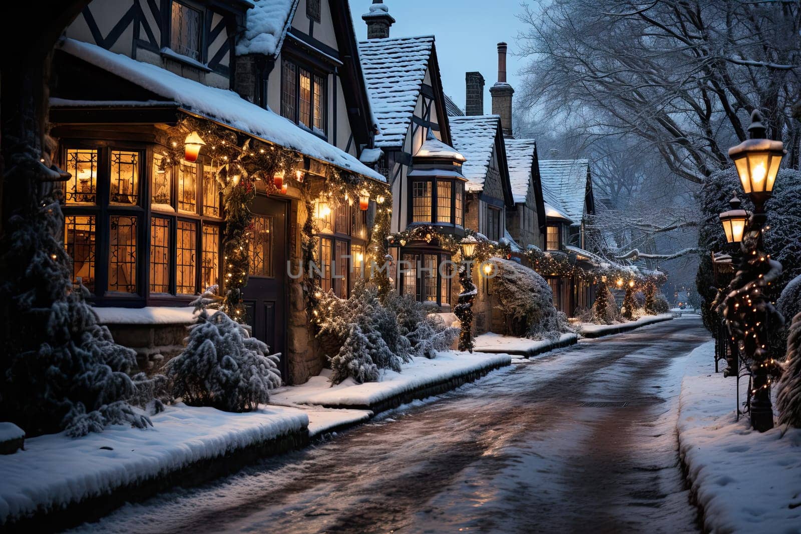A snowy street lined with houses covered in christmas lights created with generative AI technology by golibtolibov