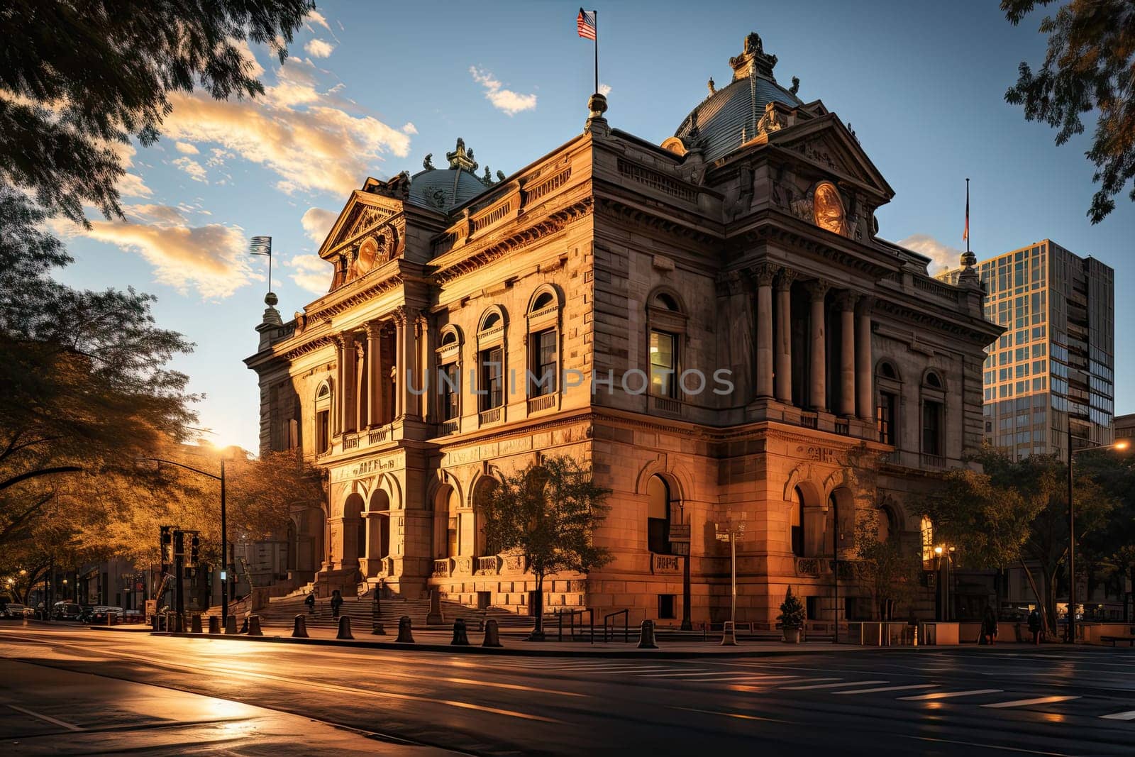 An old building with a flag on top of it created with generative AI technology by golibtolibov