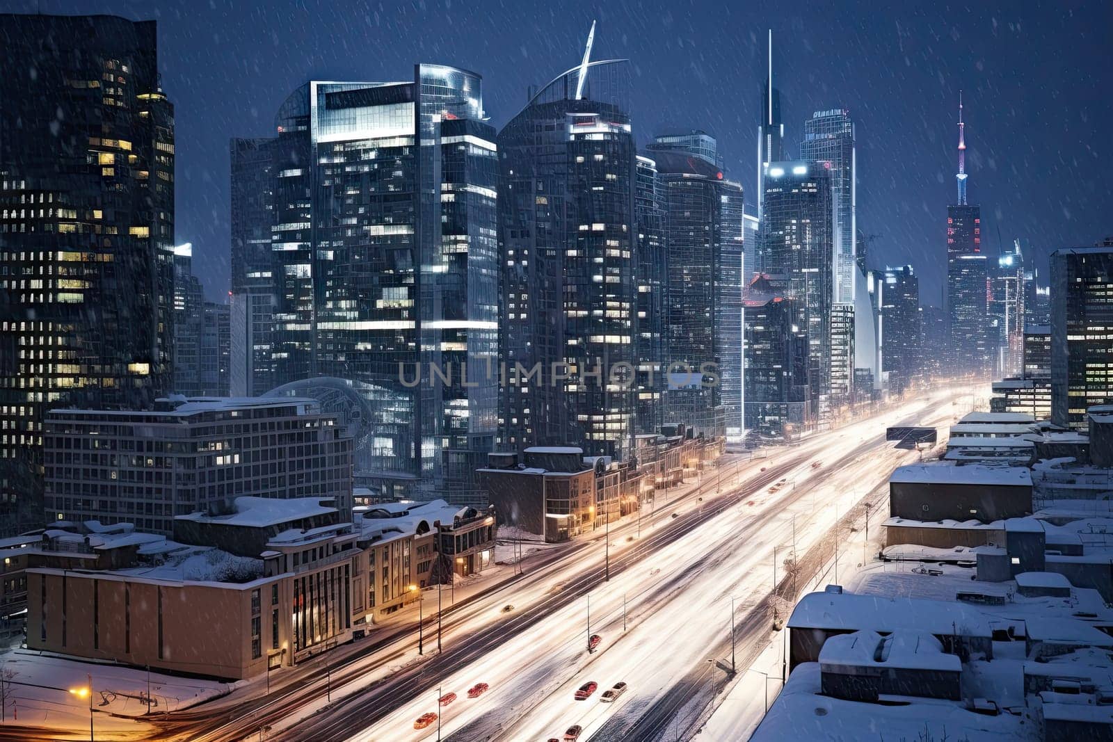 A Serene Winter Night: Snow-Covered City Skyline Reflecting in Glistening Streets
