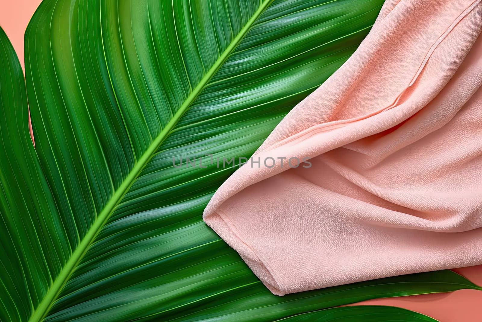 A green leaf and a napkin on a pink background by golibtolibov