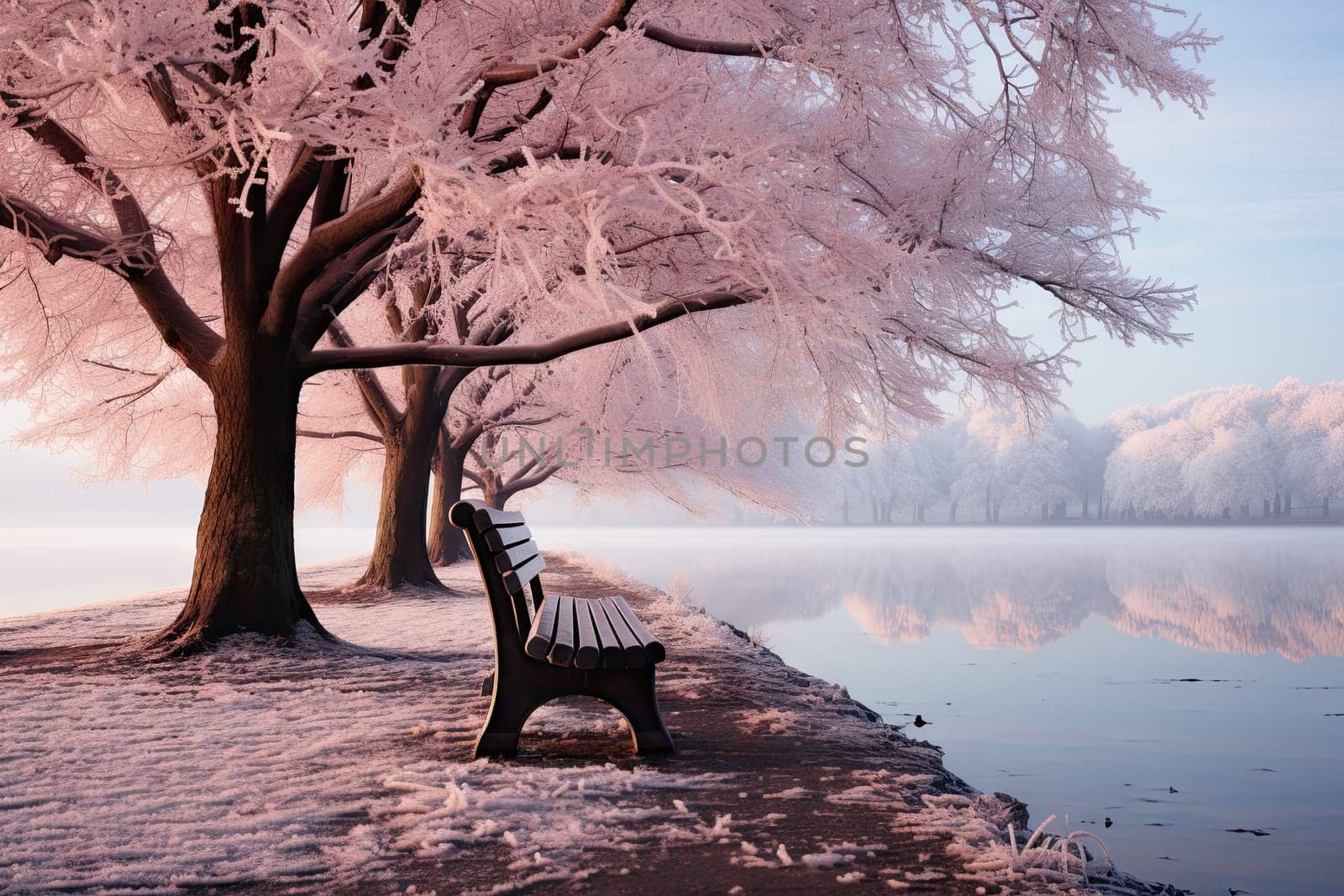 A park bench sitting next to a body of water by golibtolibov