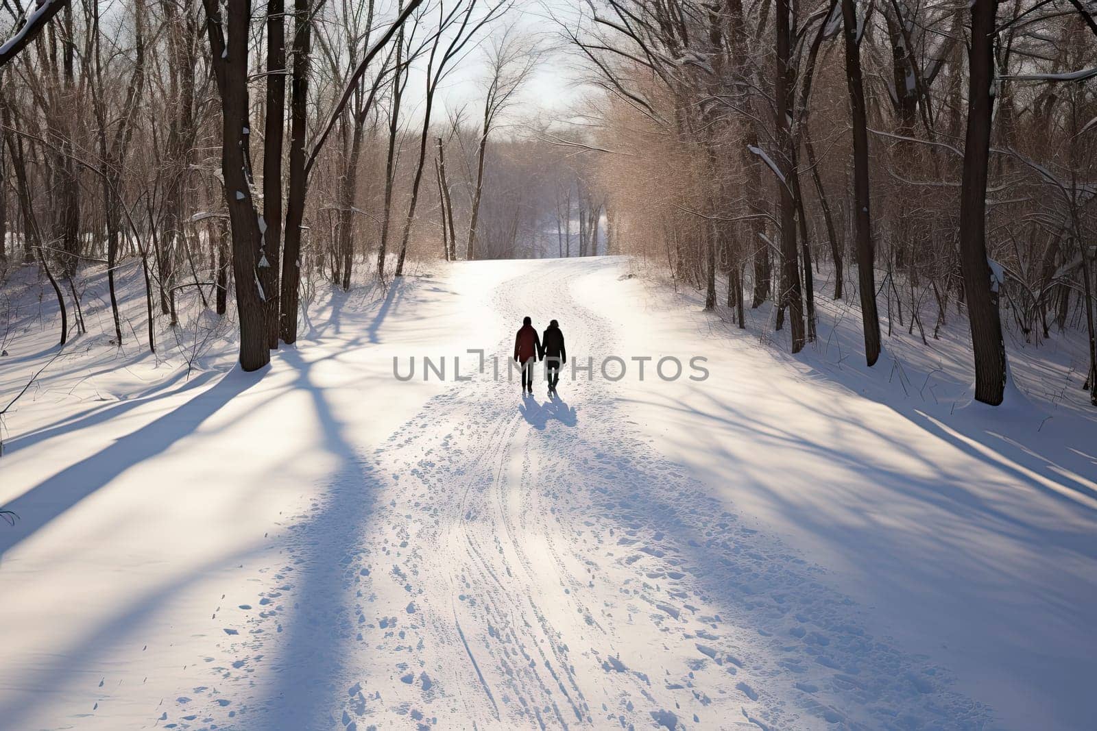 Two people walking down a snow covered road created with generative AI technology by golibtolibov