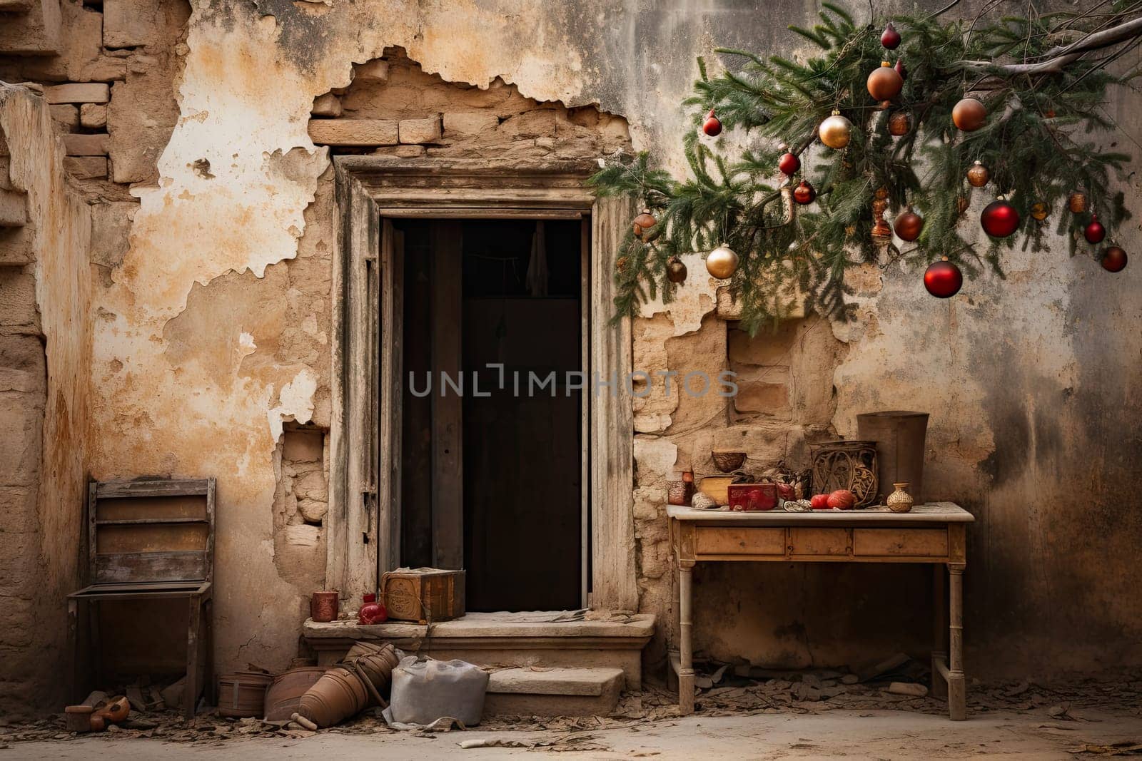 An old building with a door and a table by golibtolibov