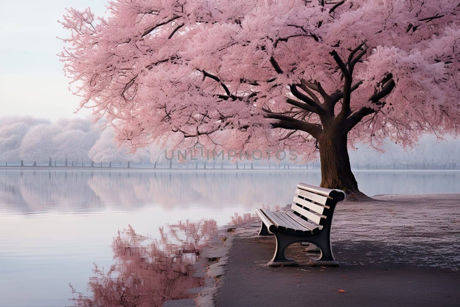 A Serene Retreat: A Tranquil Painting of a Tree and a Bench by the Water