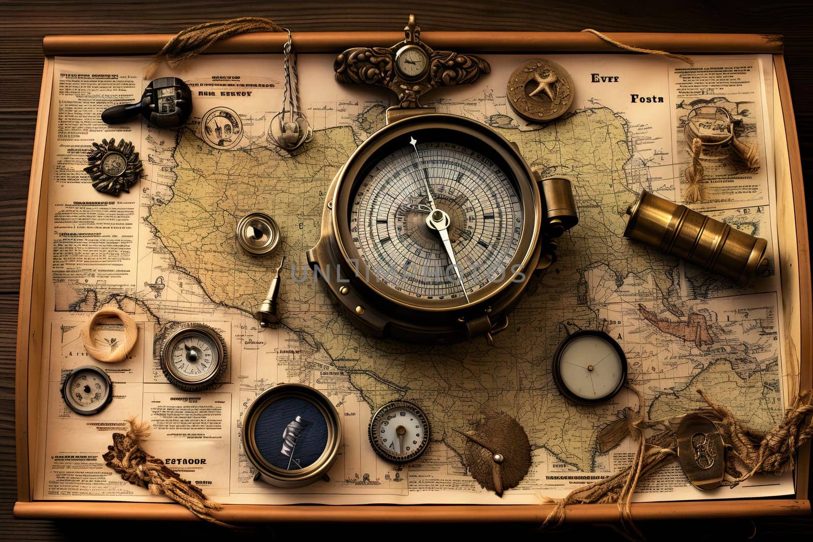An old world map with a compass and other items by golibtolibov