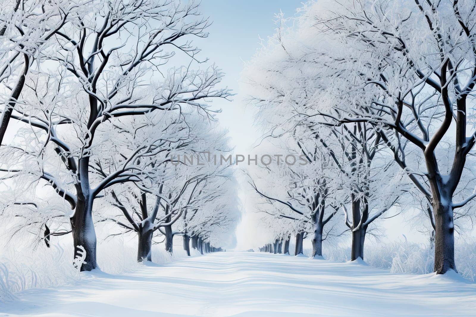 A Winter Wonderland: Serene Snowy Road Surrounded by Majestic, Snow-Covered Trees