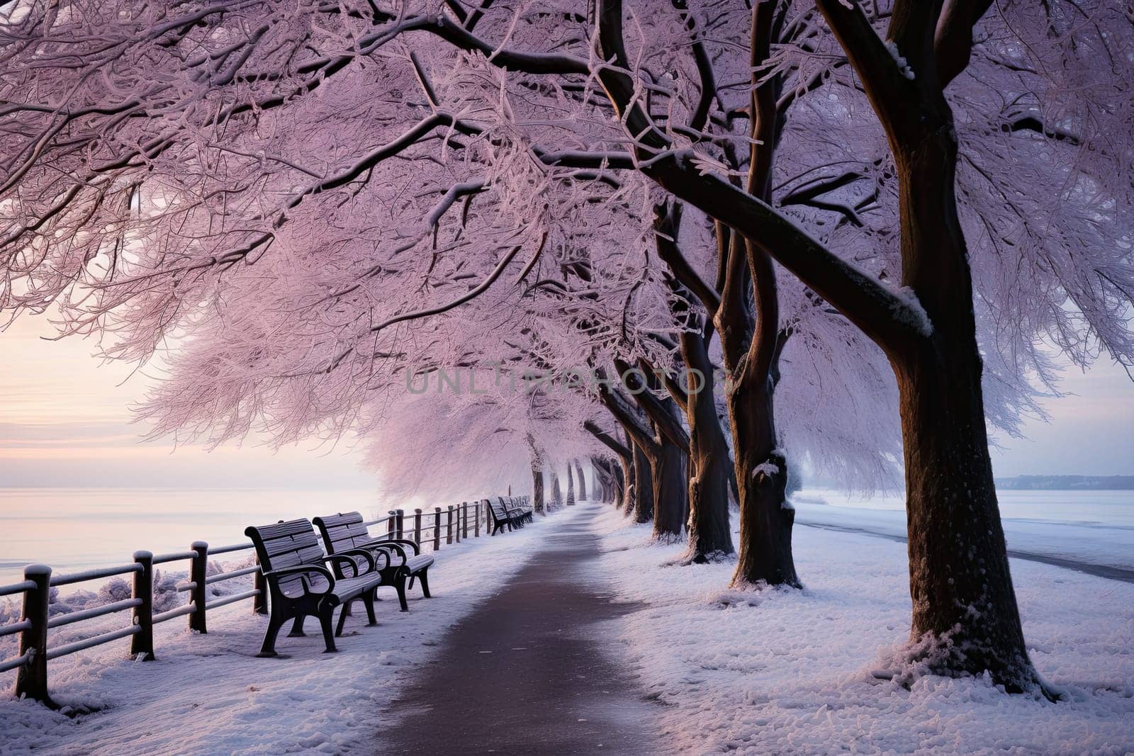 A Serene Winter Landscape: Benches Poised in a Snowy Meadow