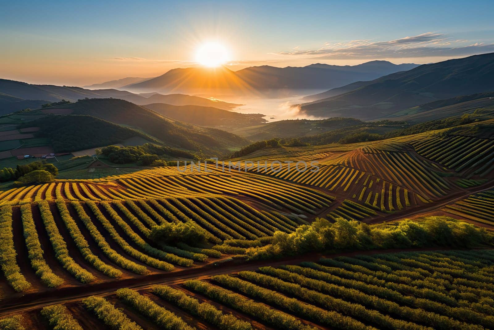 The sun is setting over a vineyard in the mountains created with generative AI technology by golibtolibov