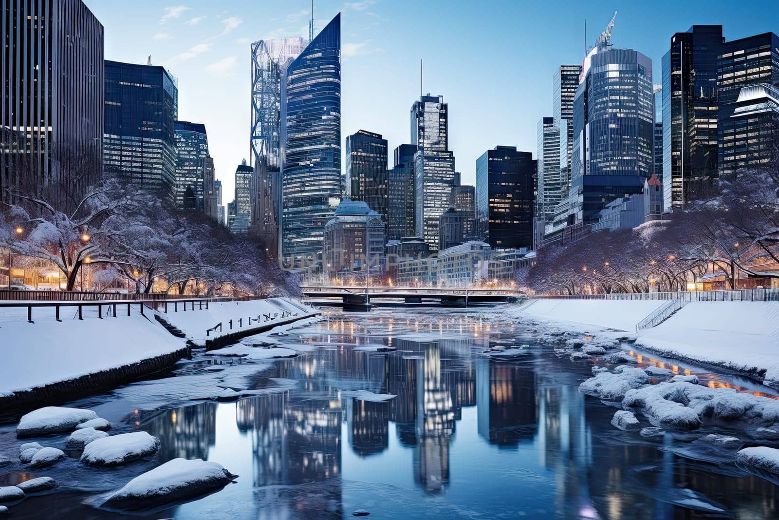 A city skyline with a river in the foreground and snow on the ground created with generative AI technology by golibtolibov