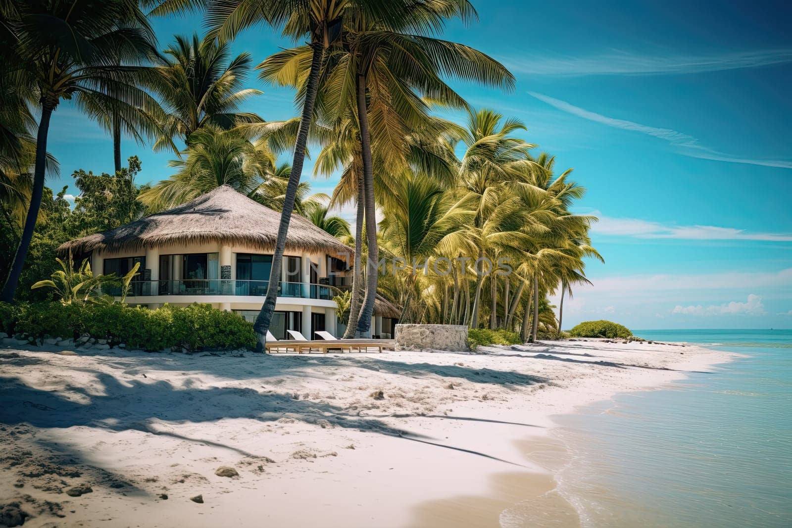 A tropical beach with palm trees and a hut created with generative AI technology by golibtolibov
