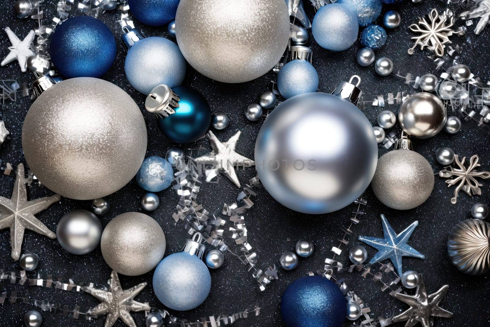 A Festive Display: Blue and Silver Ornaments Sparkle on a Decorative Table