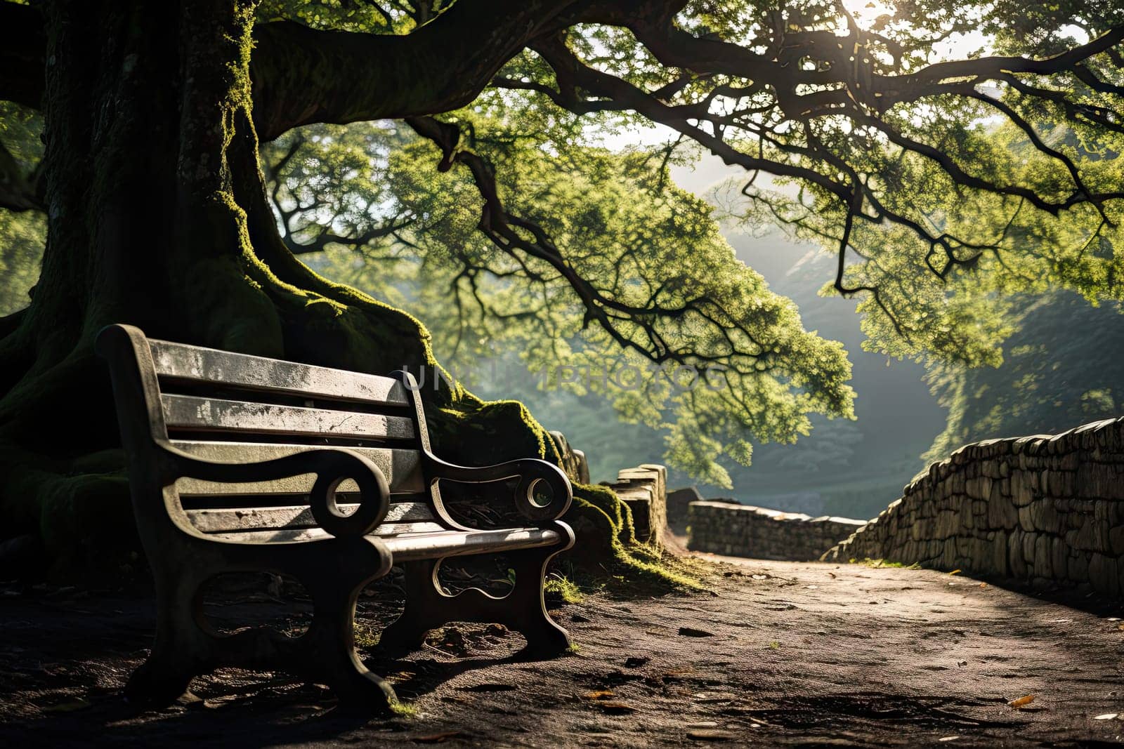 A wooden bench sitting under a tree next to a stone wall by golibtolibov