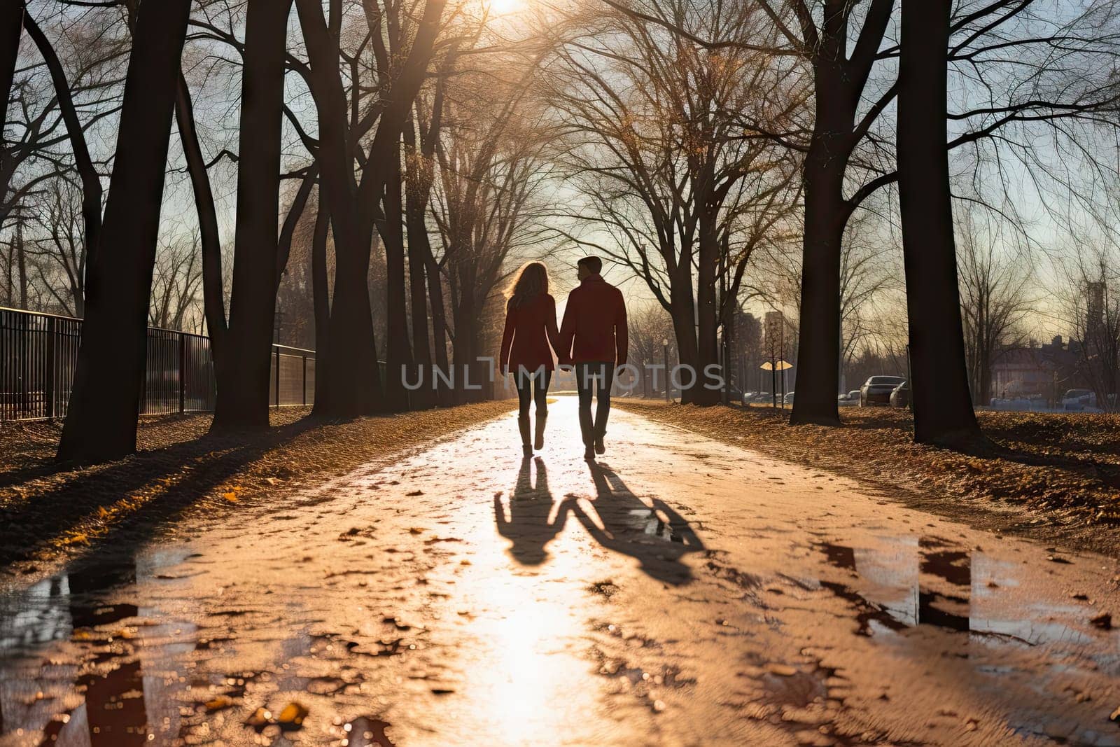 Two people walking down a snow covered road created with generative AI technology by golibtolibov