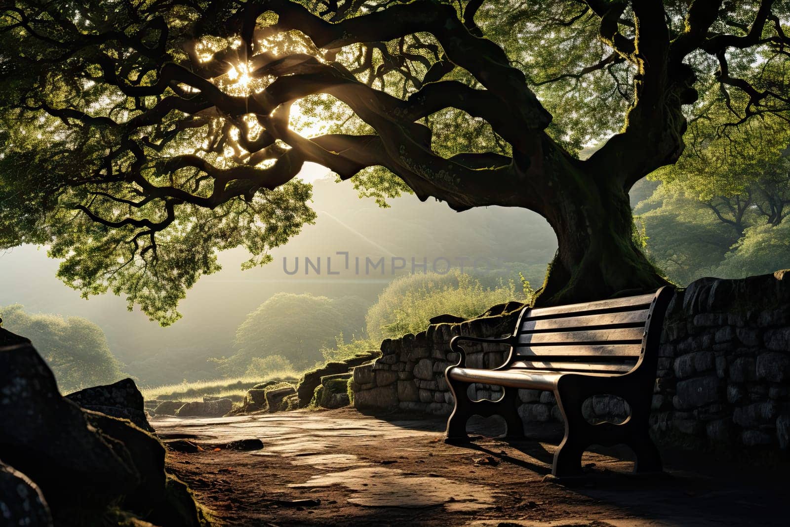 The Serenity of Nature: A Tranquil Park Bench Beneath a Majestic, Shade-Providing Tree