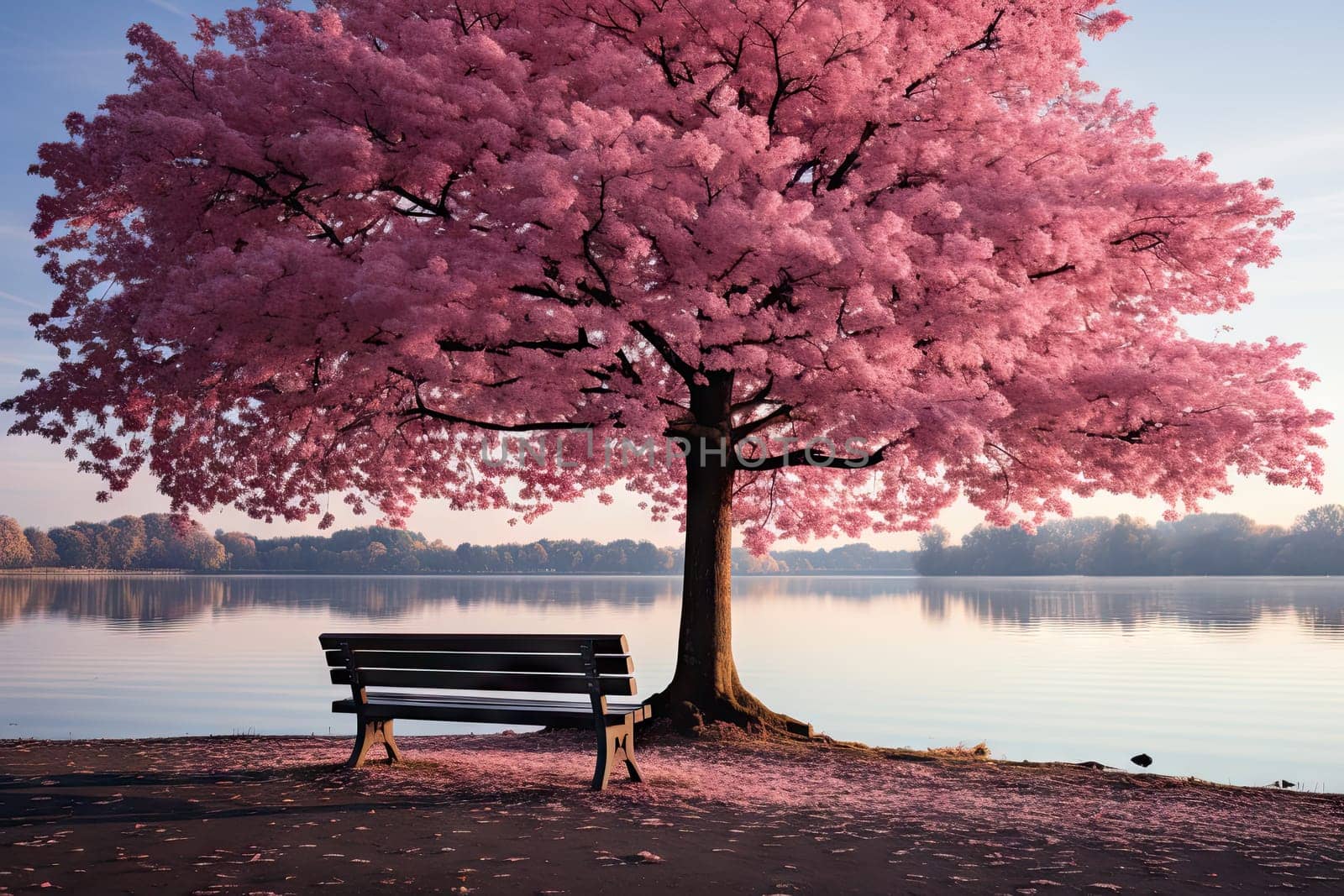 A Serene Retreat: A Bench Under a Blossoming Pink Cherry Tree by a Tranquil Lake