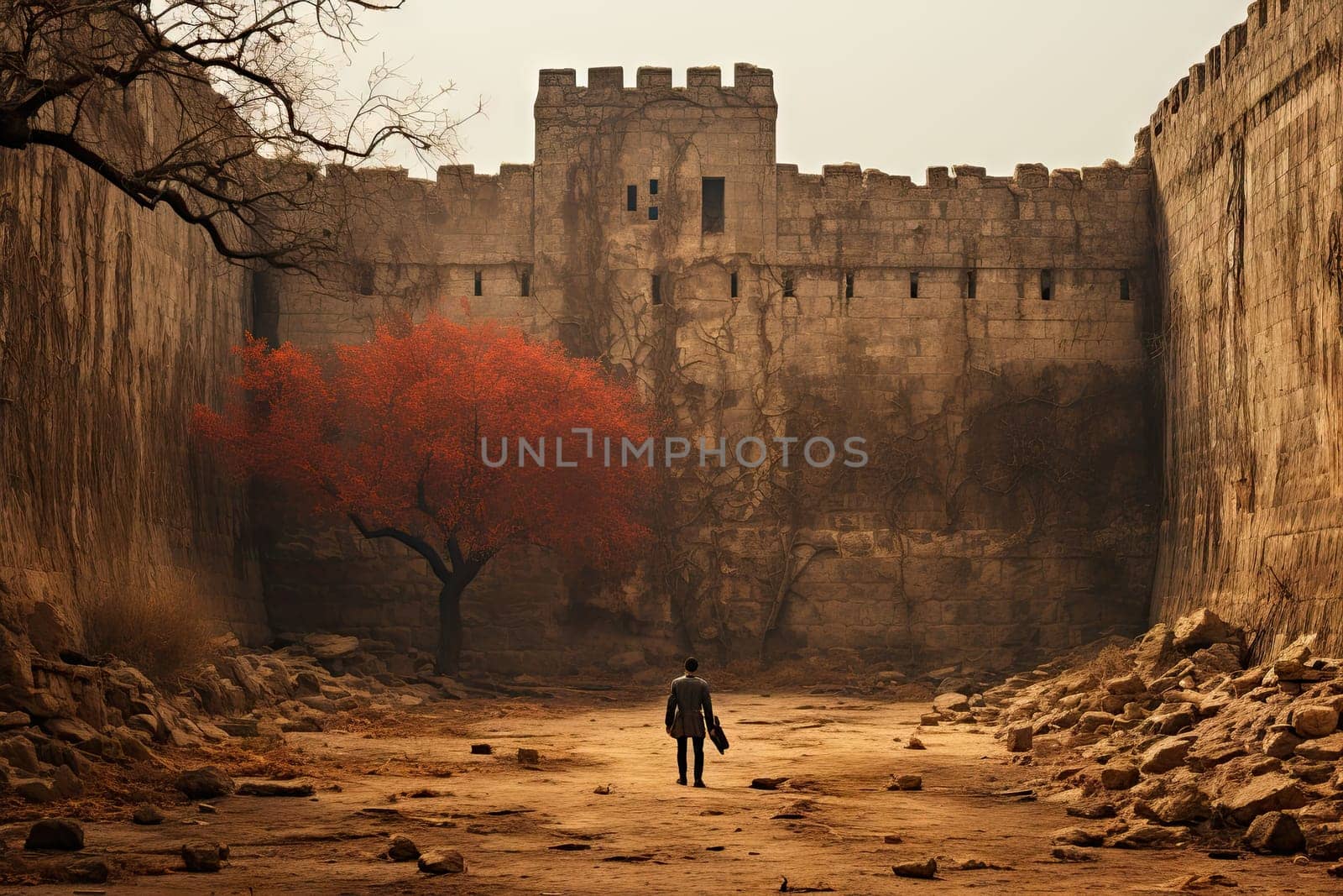 A man walking down a dirt road next to a castle by golibtolibov