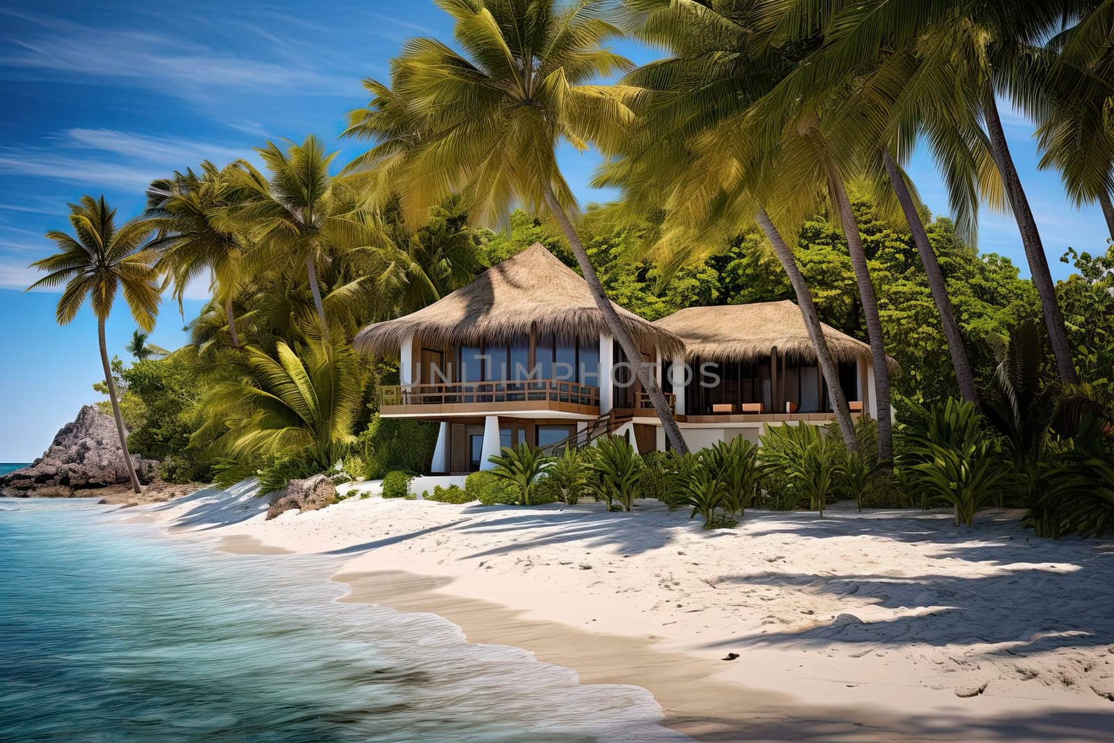 A house on the beach surrounded by palm trees created with generative AI technology by golibtolibov