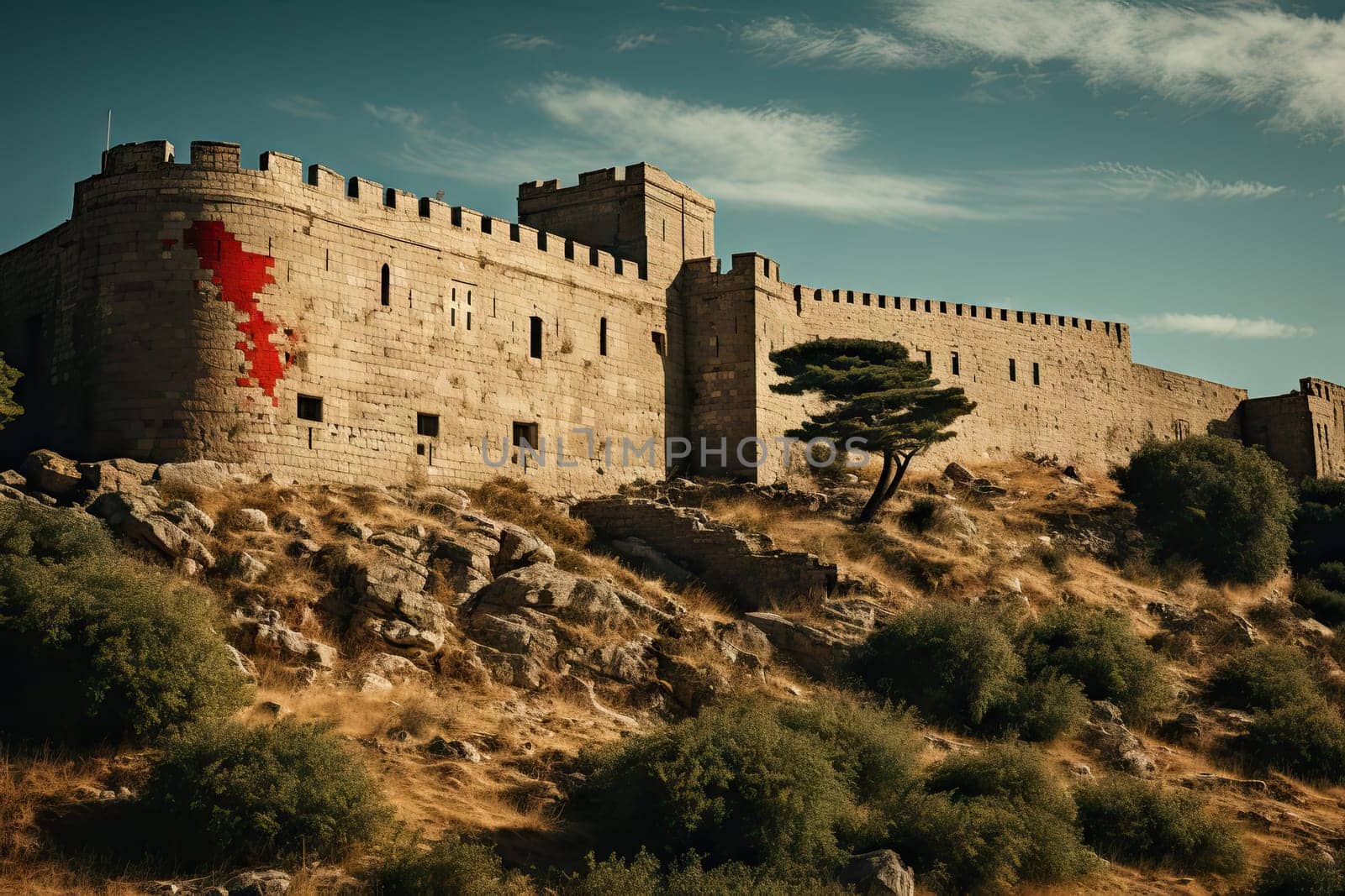 A castle with a red paint on the side of it by golibtolibov