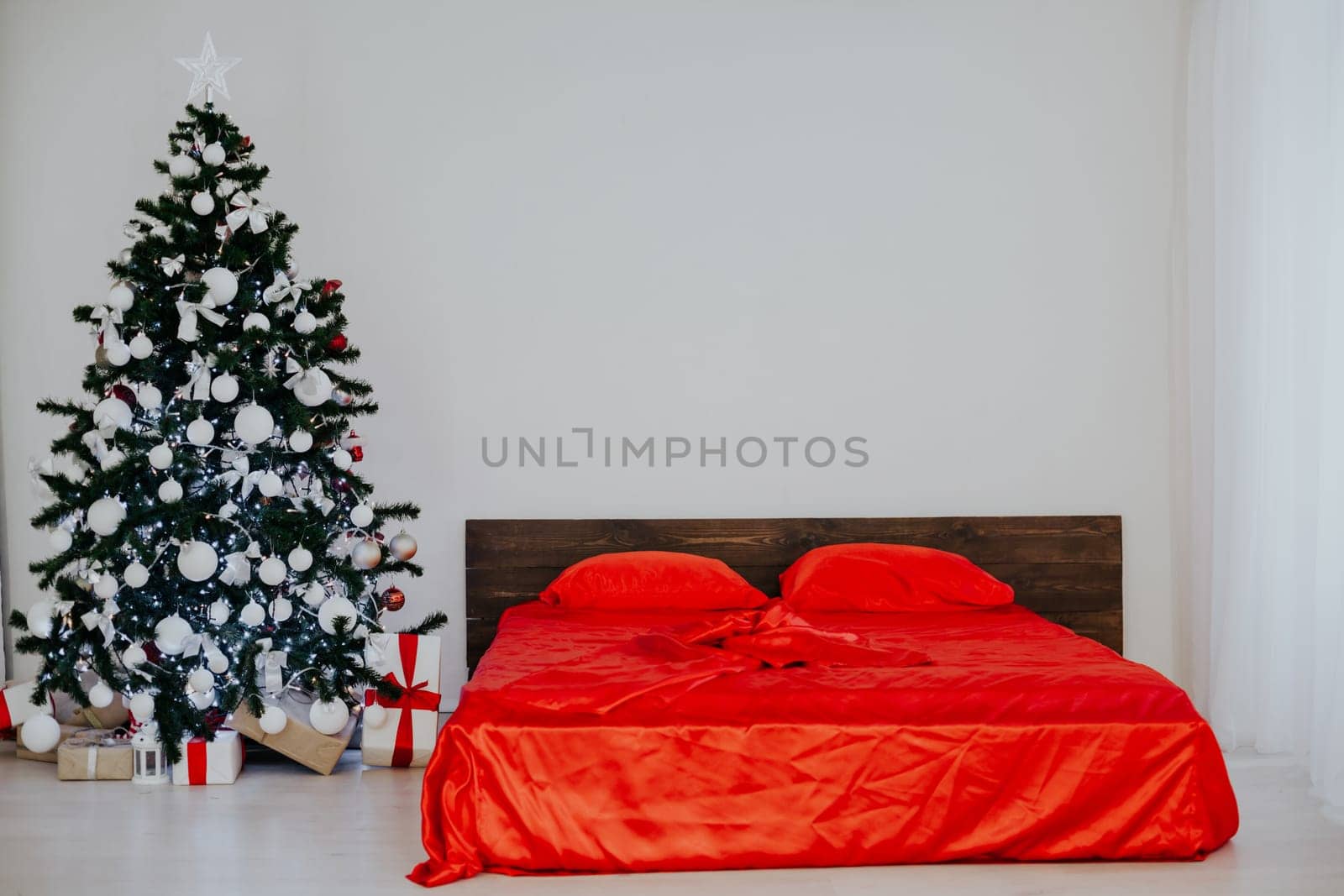 new year Christmas white room with red decoration Christmas tree 2018 2019