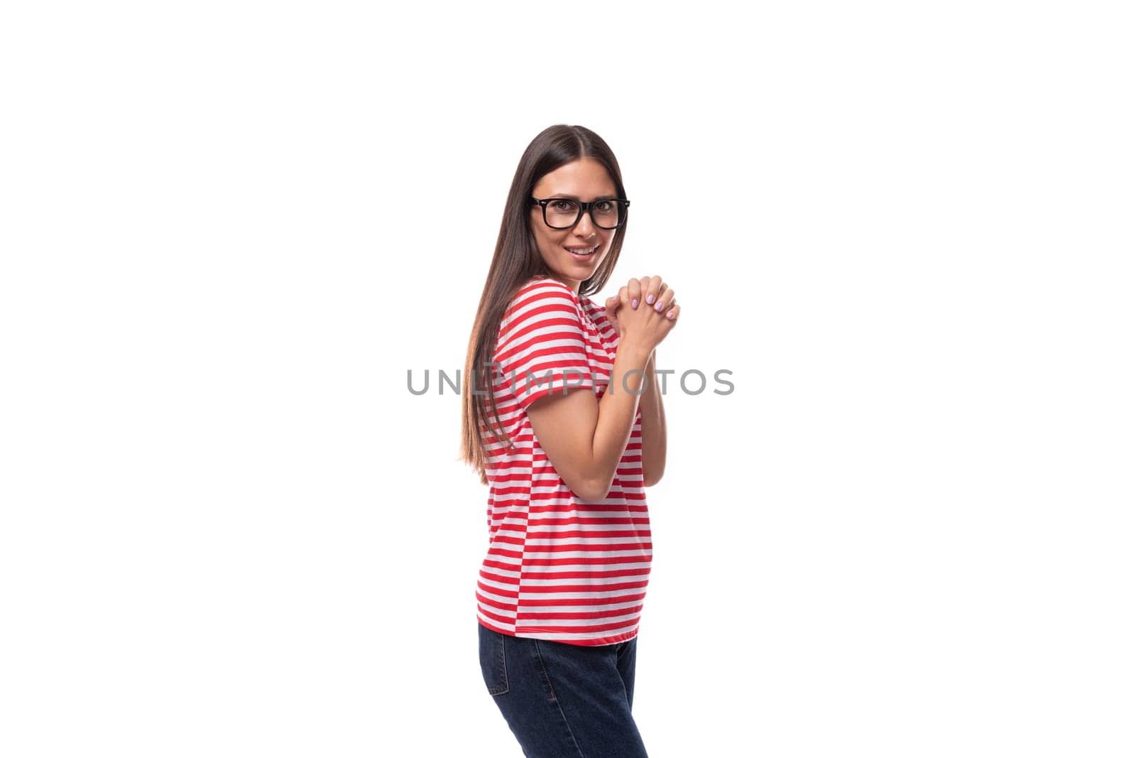 portrait of a charming young caucasian woman with straight hair wearing glasses and a striped t-shirt by TRMK