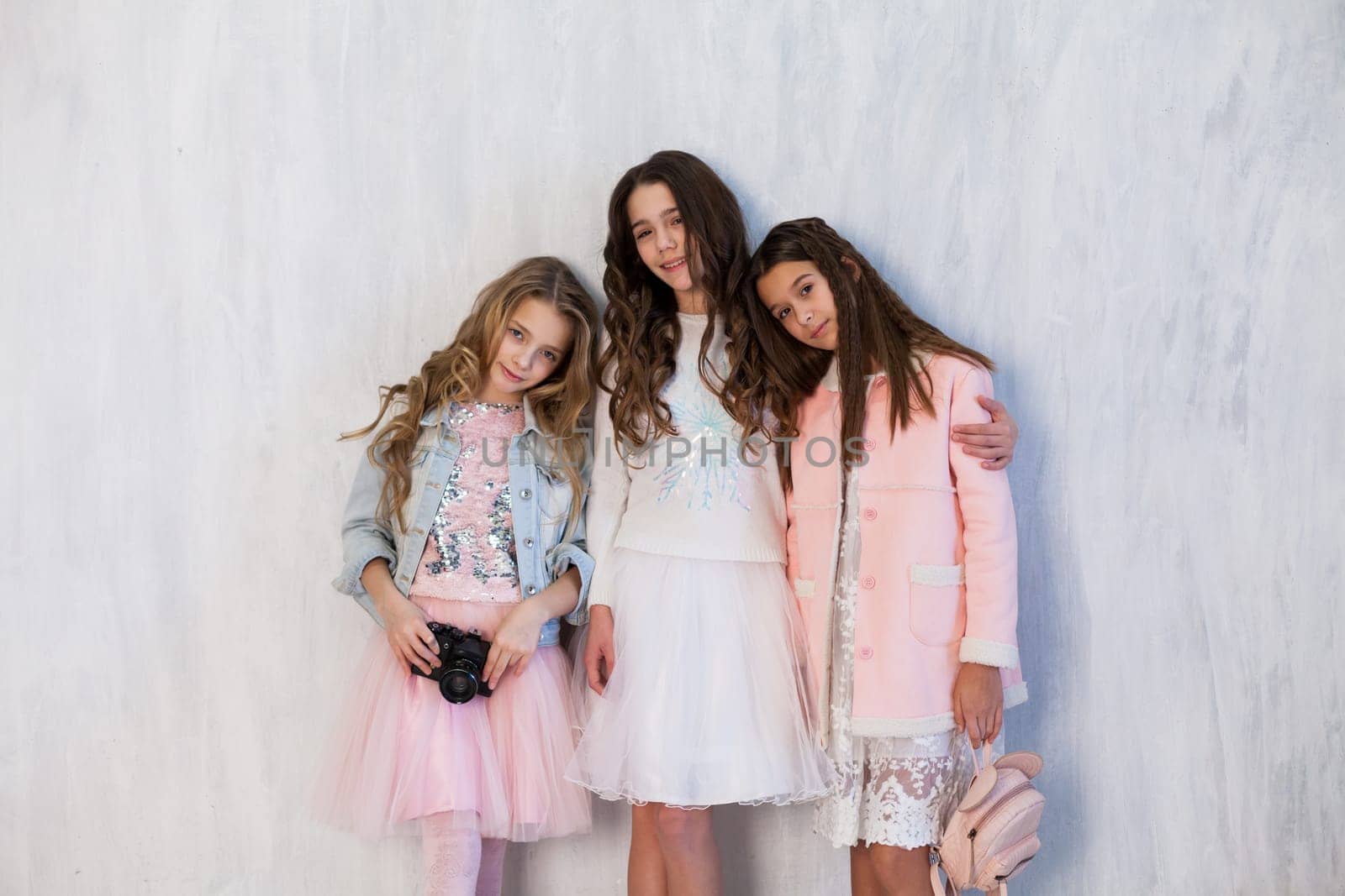 Three girls girlfriend photographer camera schoolgirl fashion by Simakov