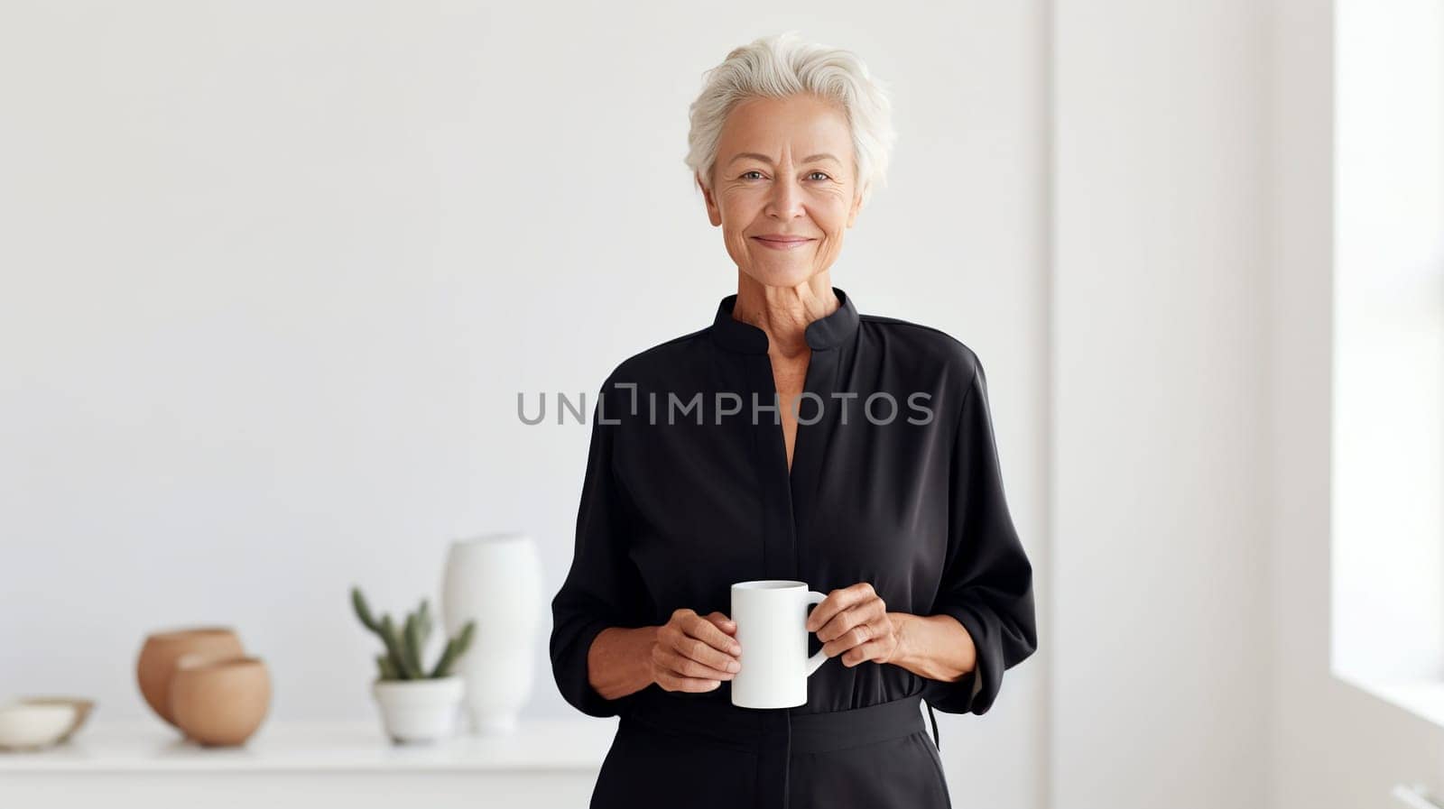 A person stands against a white wall, draped in a flowing robe, holding a delicate white mug while surrounded by vases, houseplants, and a flowerpot, exuding an air of effortless elegance and tranquility - Generative AI
