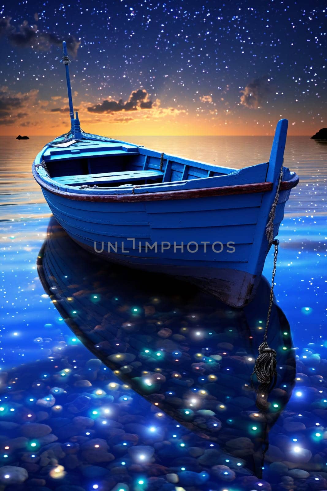 A magical silhouette of a boat cuts across the sparkle of starlit water - generative AI by chrisroll