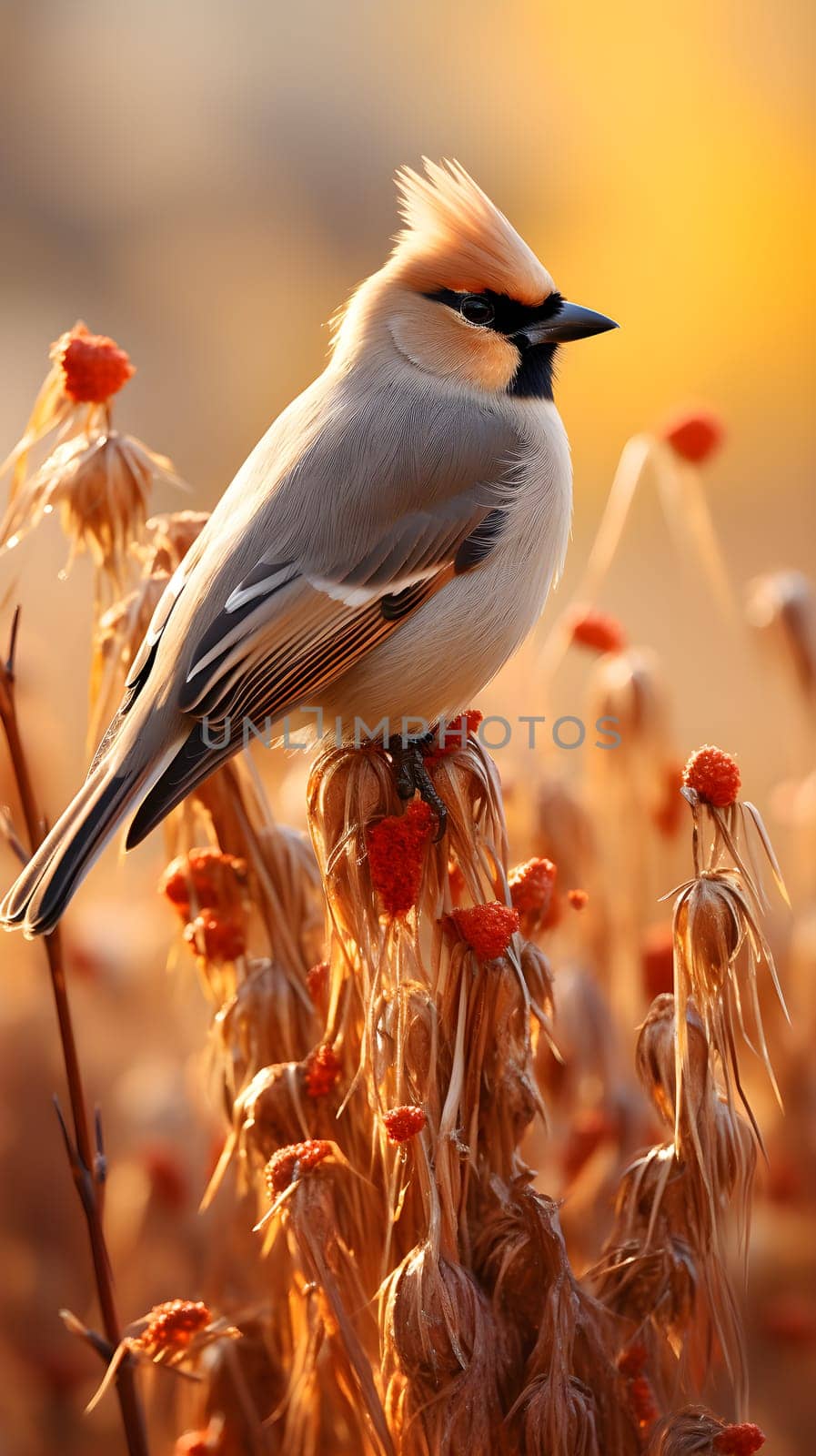 A vibrant bohemian Waxwing perches atop a delicate plant, its beak poised in anticipation while its feathers dance in the wind, a wild creature in perfect harmony with nature's beauty - generative AI