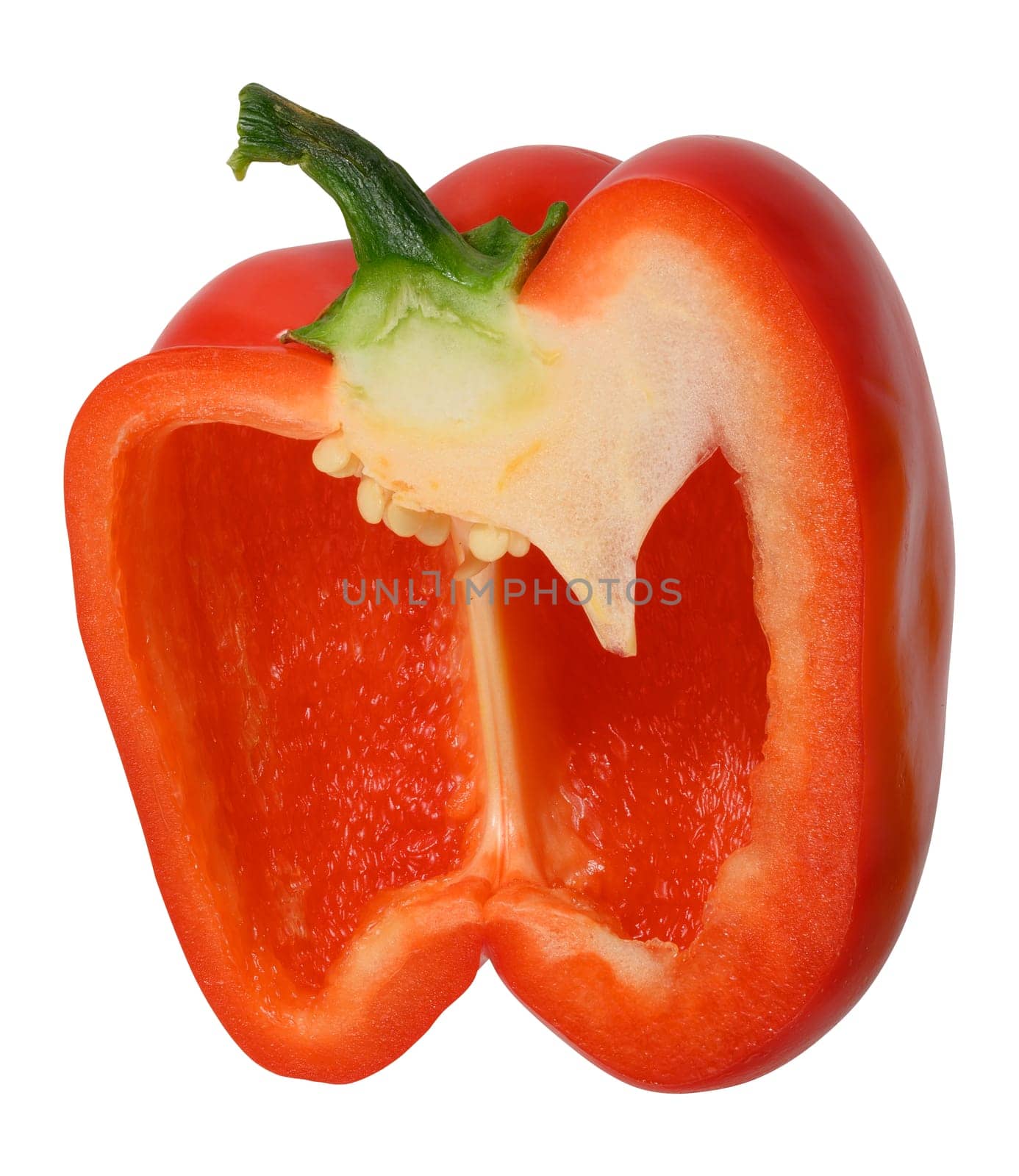 Half of red pepper with seeds on white isolated background