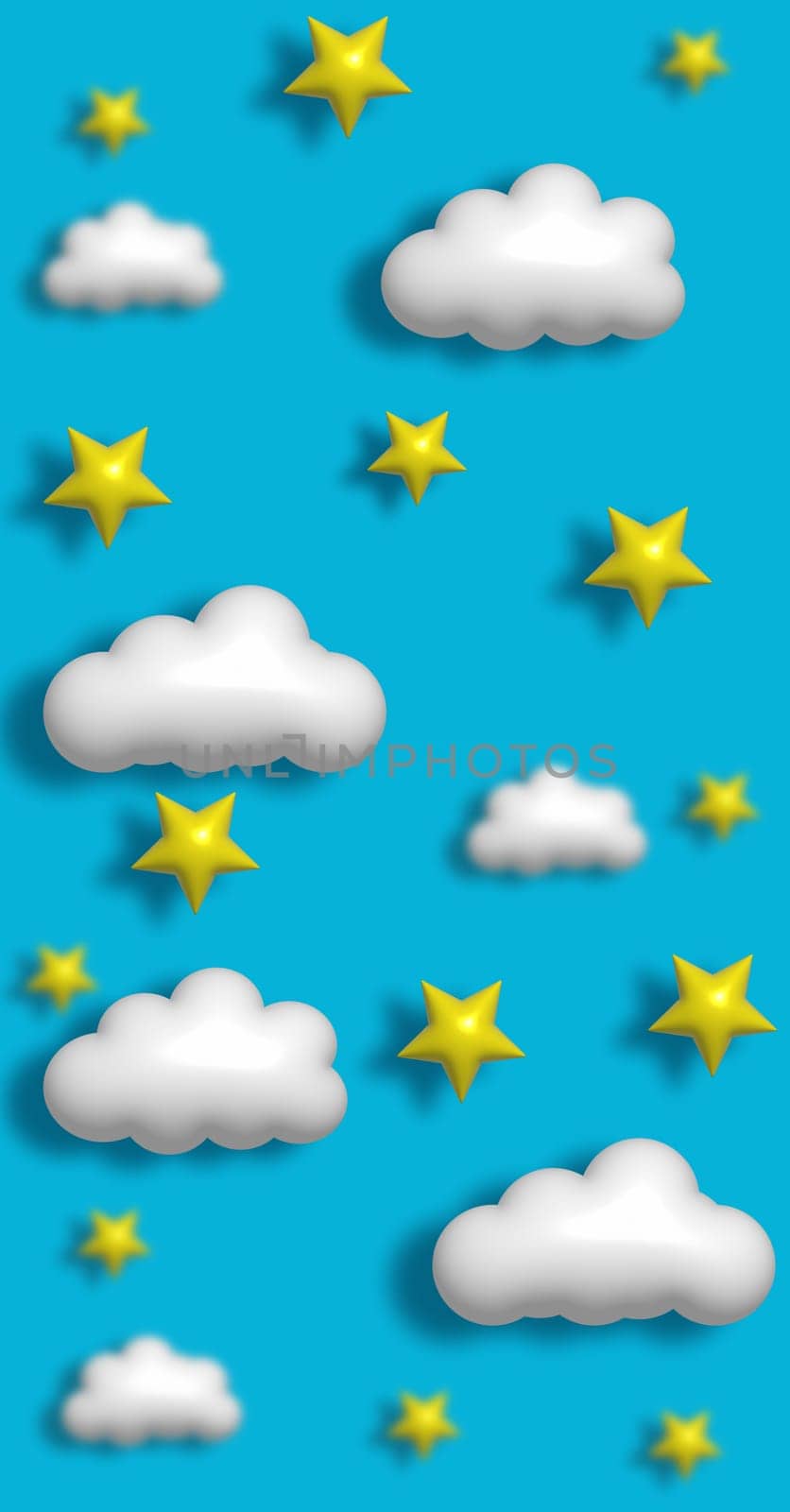 Abstract blue background with white puffy clouds and stars, 3D rendering illustration by ndanko
