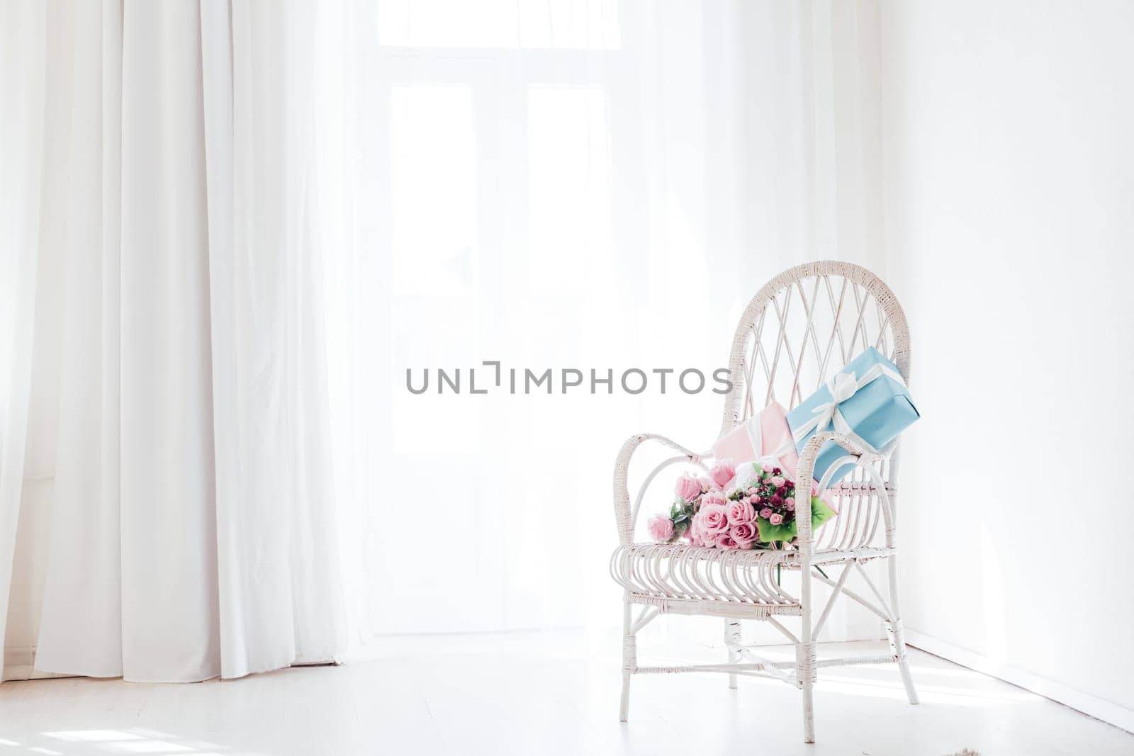white vintage chair in the interior of an empty white room by Simakov