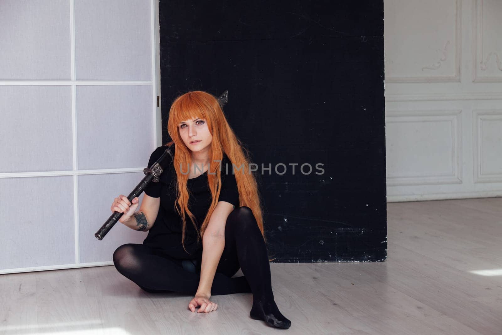 Girl anime with orange hair Japan cospley sword