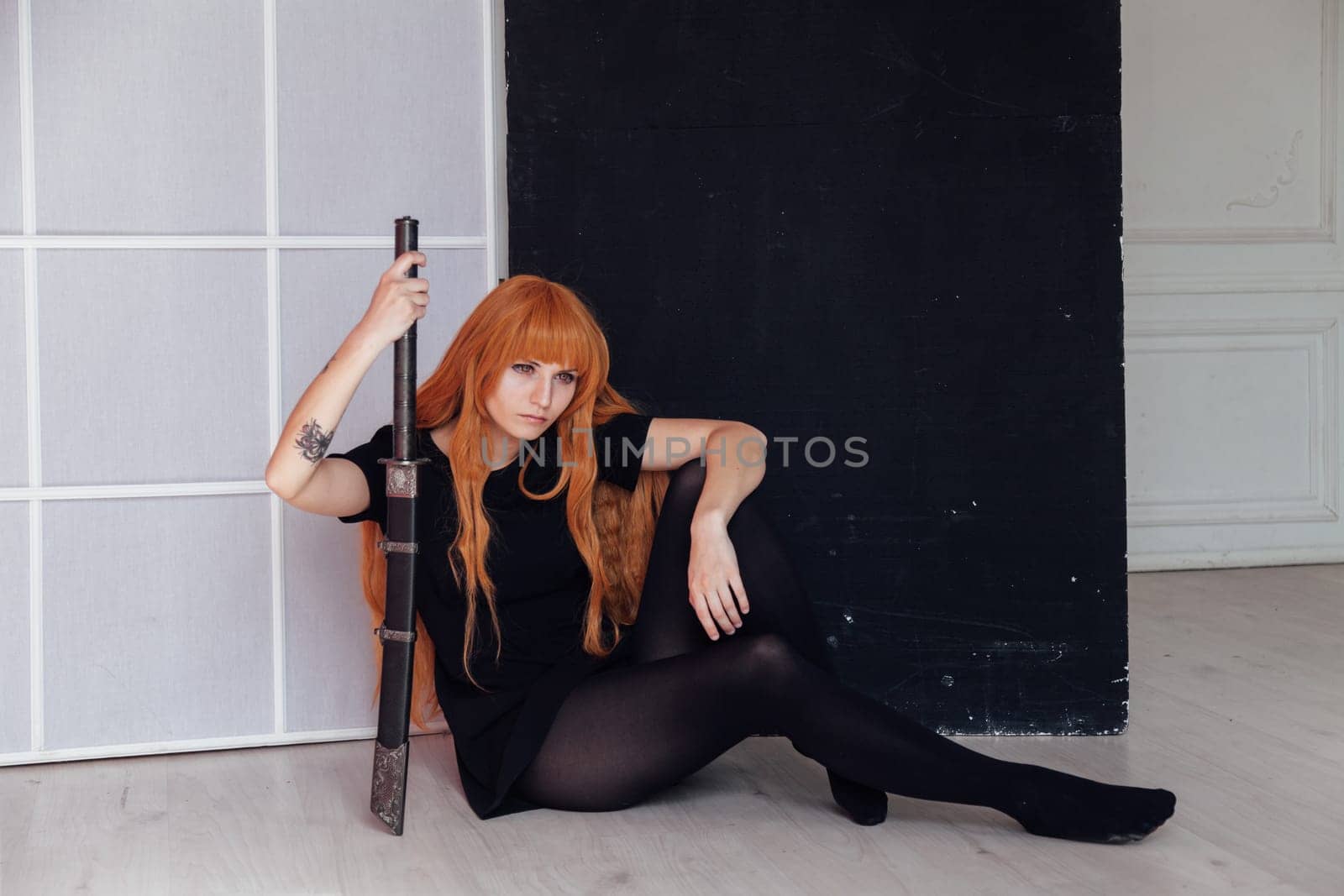 Girl sword Japan cosplayer anime red hair by Simakov