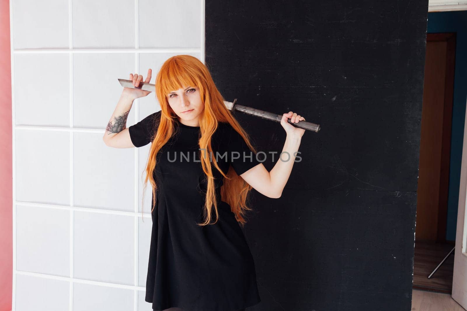 Girl anime with orange hair Japan cospley sword