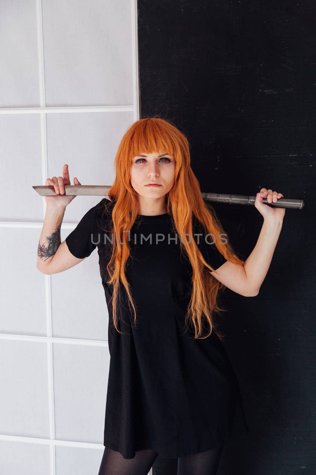 Girl anime with orange hair Japan cospley sword