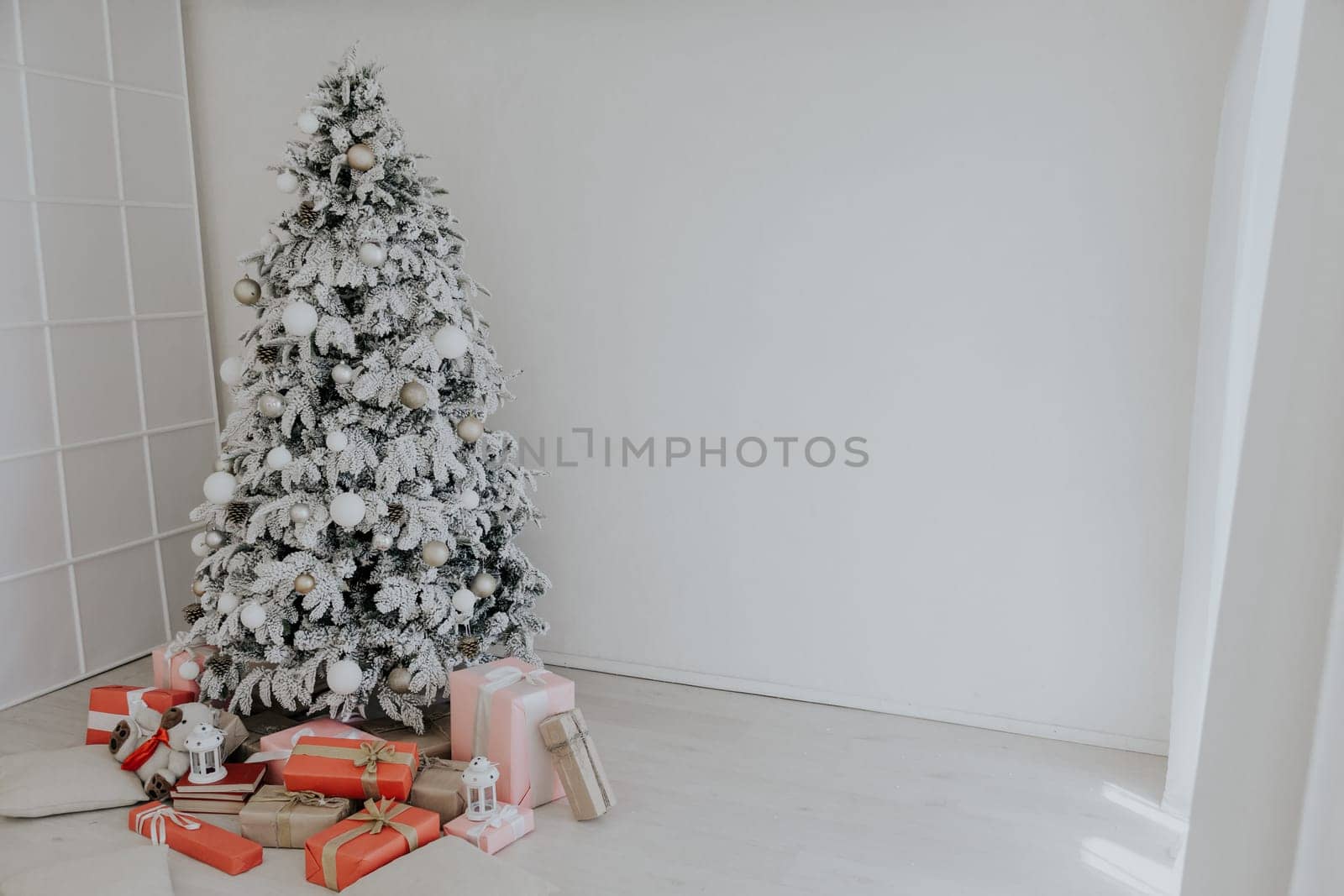 happy Christmas year tree gifts Interior white room holidays new by Simakov