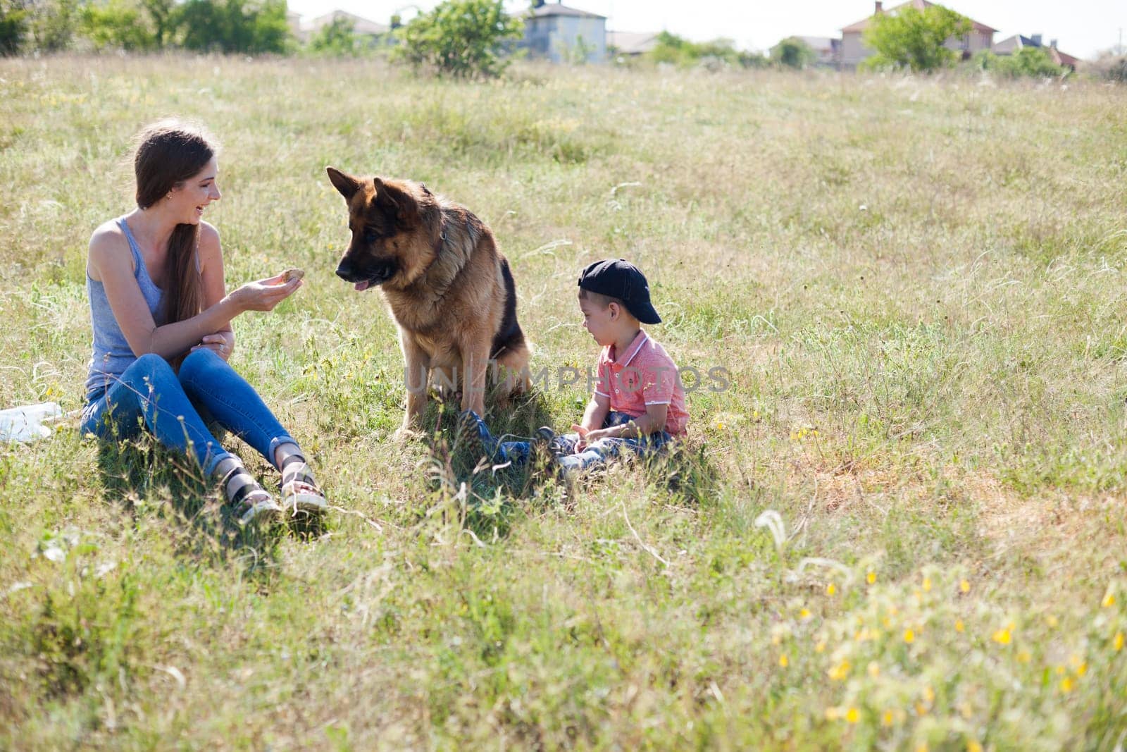 Mom and young son play with dog on walk in the park by Simakov