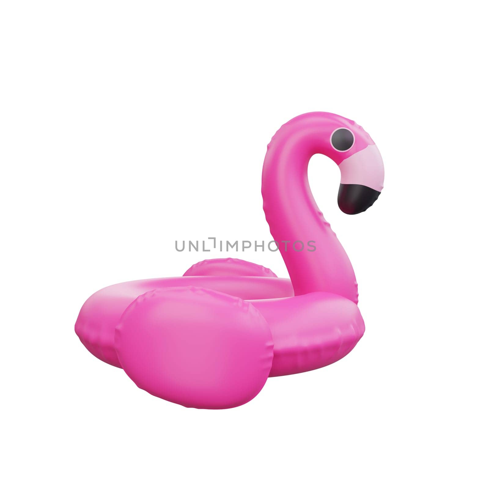 3D rendering of a playful inflatable pink flamingo pool float, symbolizing summer fun and relaxation