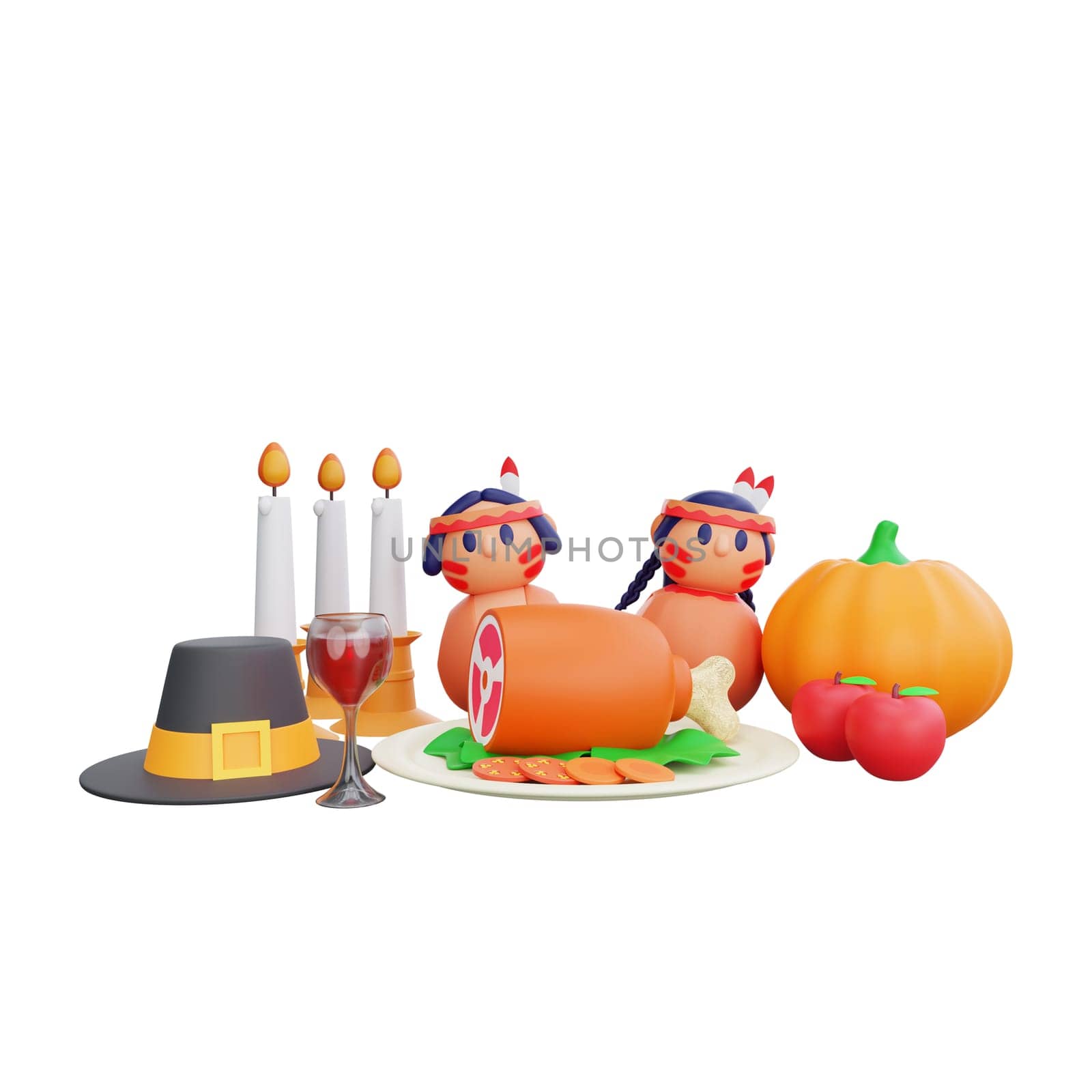 3D rendering of a festive Thanksgiving table setting, featuring a Native American doll, a pumpkin, a pilgrim hat, candles, and more