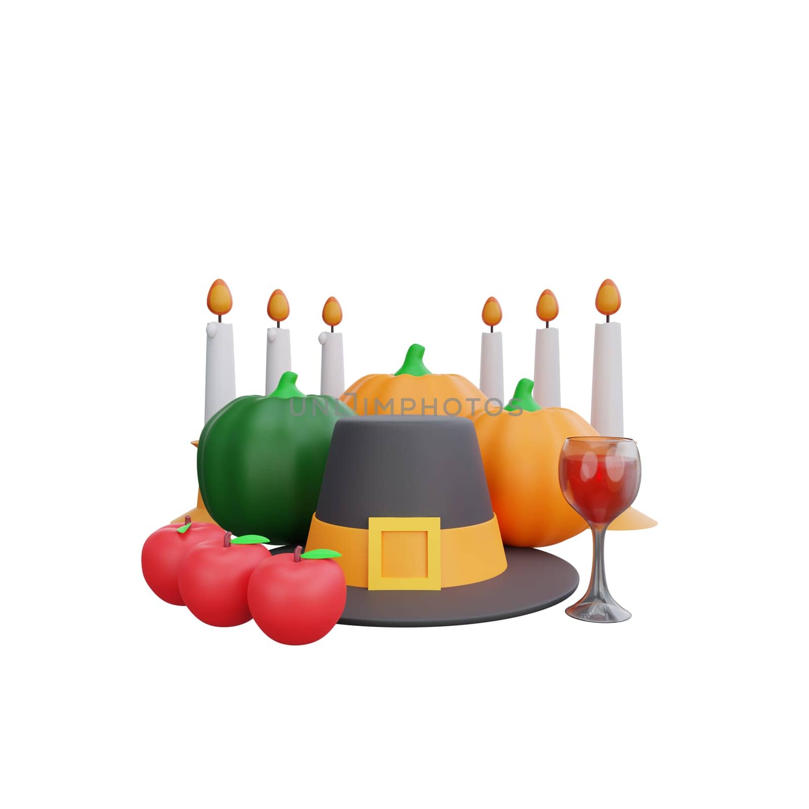 3D rendering of a Thanksgiving centerpiece featuring a pilgrim hat, pumpkins, candles, and apples