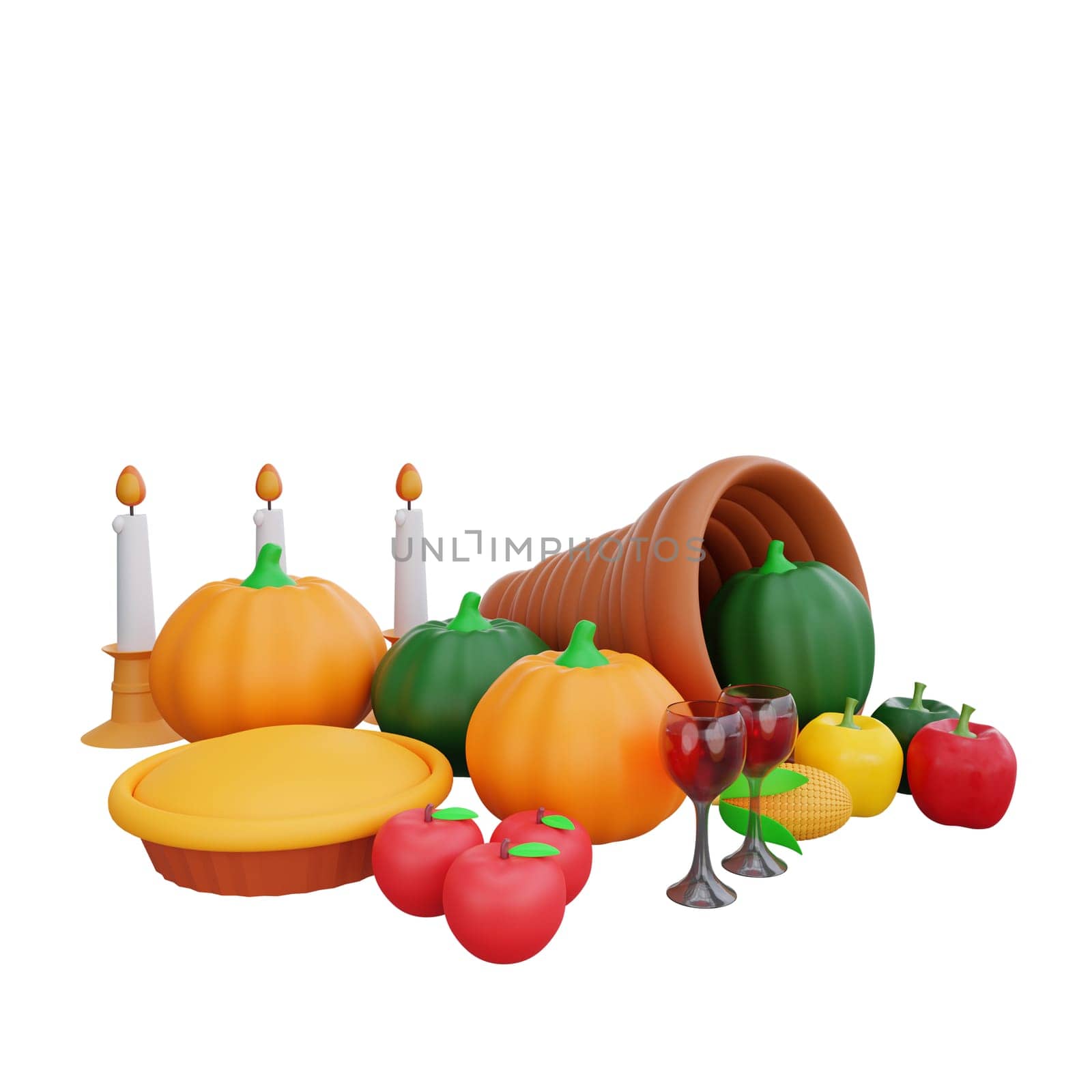 3D rendering of a festive Thanksgiving table setting, featuring a cornucopia overflowing with gourds, surrounded by pumpkins, candles, and other decorations